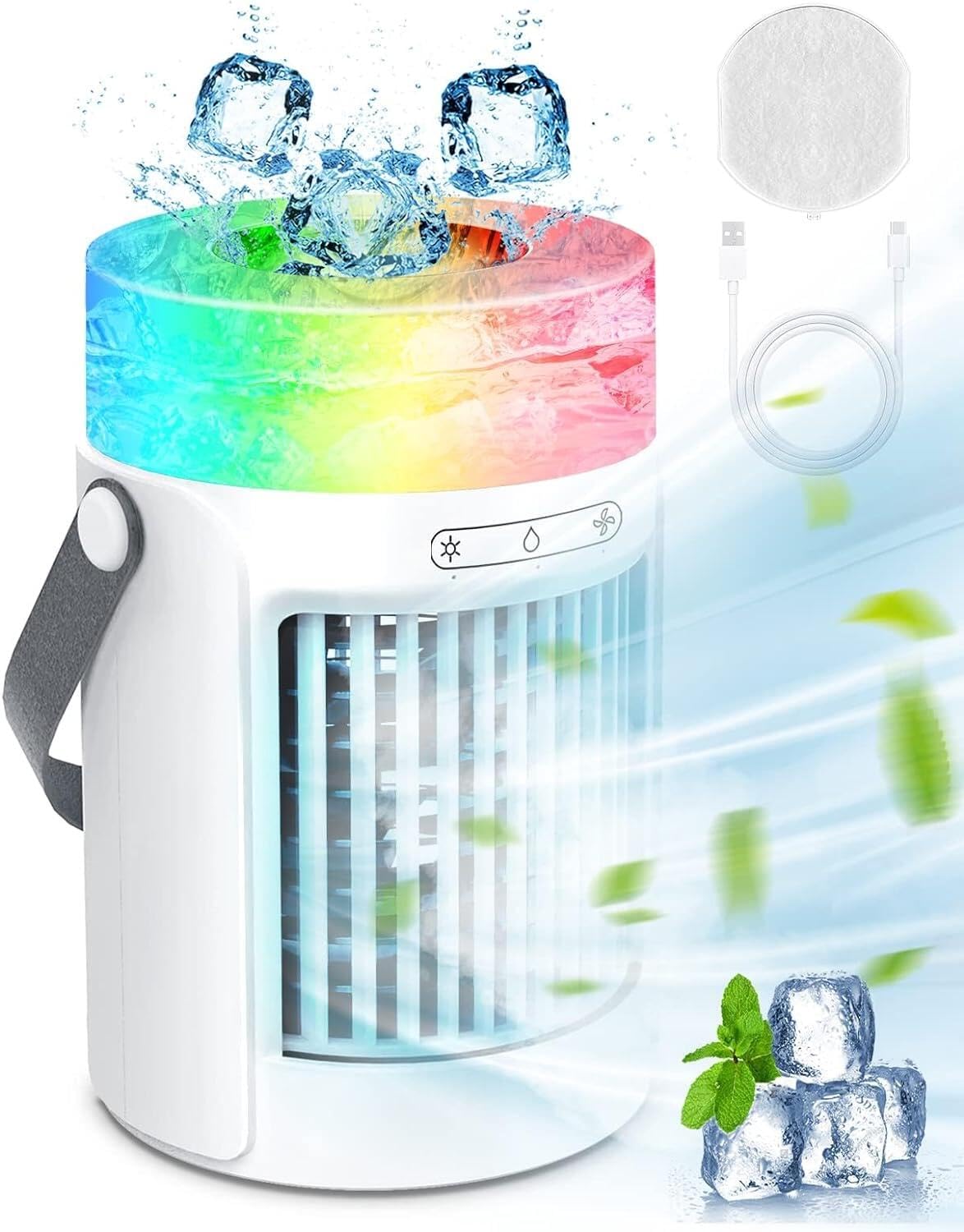 Portable Air Conditioners Fan, 3 Wind Speeds & 7 LED Lights Evaporative Personal Air Cooler, 4 in 1 Portable AC with 600ml Large Water Tank, Mini Air Conditioner for Bedroom, Car, Home, Camping, Room