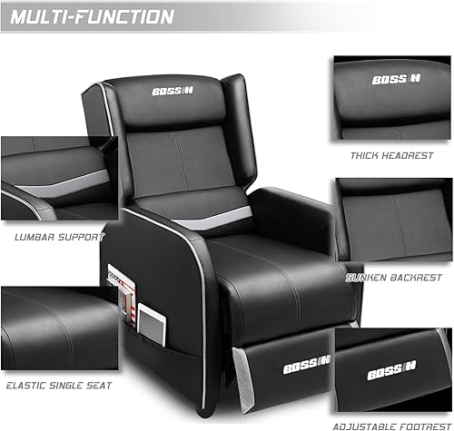 Miniatura 7 de BOSSIN Silla Reclinable de Gaming para Adultos 400lbs Sofá Estilo Carreras Grande y Alto Asiento Reclinable de Cuero PU, Salón Moderno Ergonómico