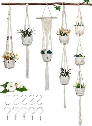 GROWINGGAIR - Paquete de 5 perchas de macramé para plantas, hechas a mano, de algodón, con 10 ganchos, soporte para macetas, cuentas de madera,