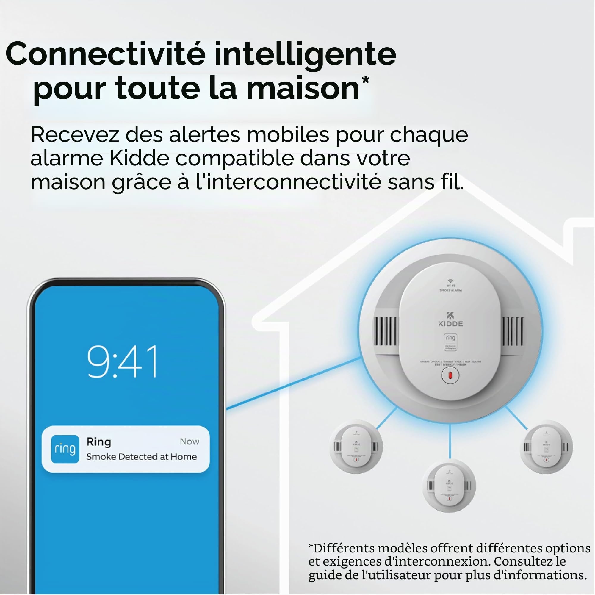 Kidde Détecteur de fumée Intelligent, Application Ring activée pour Les Notifications en Temps réel, interconnectivité sans Fil, alimenté par Pile AA