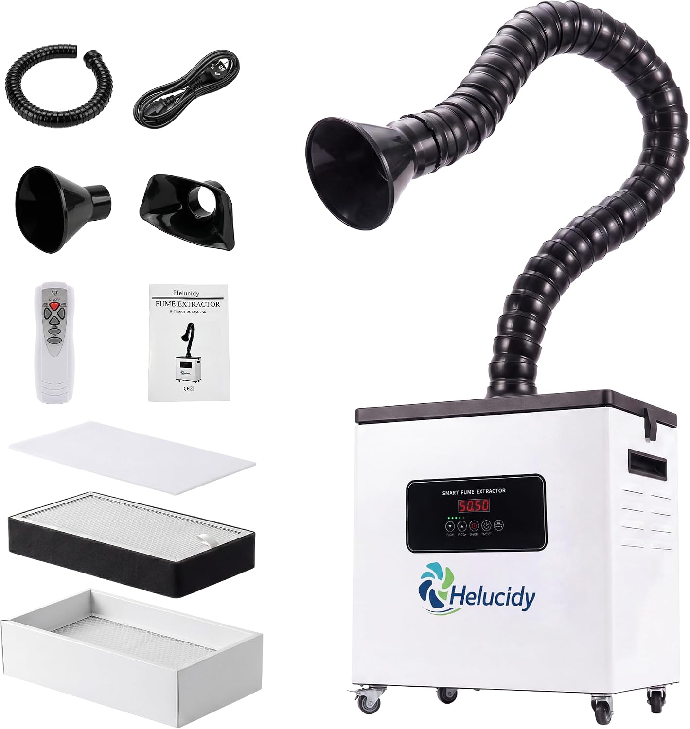 JJ-1001S Professional Fume Extractor, Display Control, 200W , Up to 247 CFM | Including 1*HEPA Filter, 1 *High-iodine Activated Carbon Filter, 12* Pre-Filters. 200W Power, LED Display Control