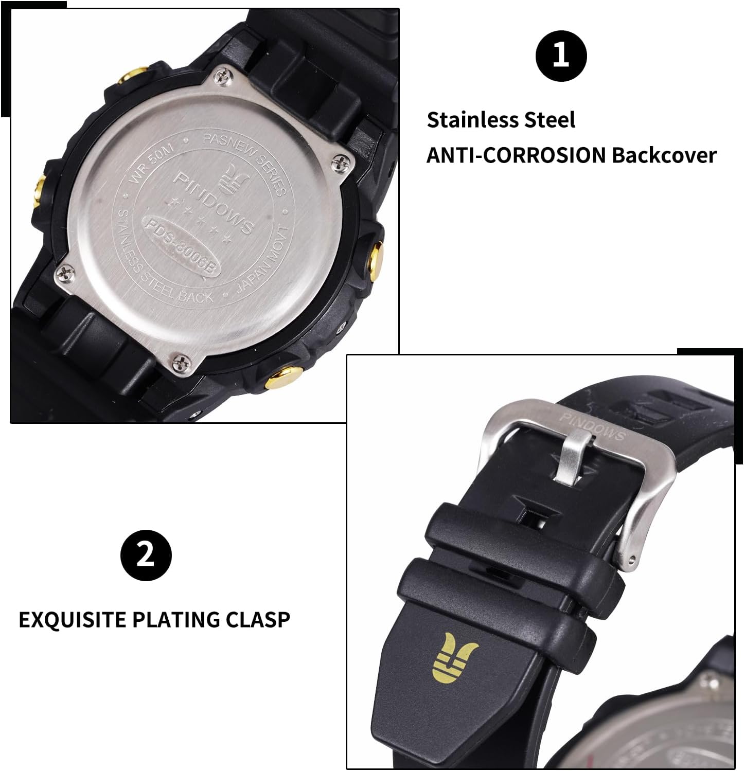 Close-up images showing the stainless steel anti-corrosion backcover of the PINDOWS watch and the exquisite plating clasp.