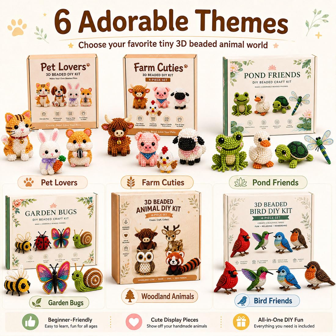 Liocwocne Tiny 3D Beaded Animal DIY Kit, Cute Bird and Animals Bead Making Set with Instructions, Handmade Beadwork Embroidery Art Craft Kits, Creative Jewelry Gift for Adults Teens (E)