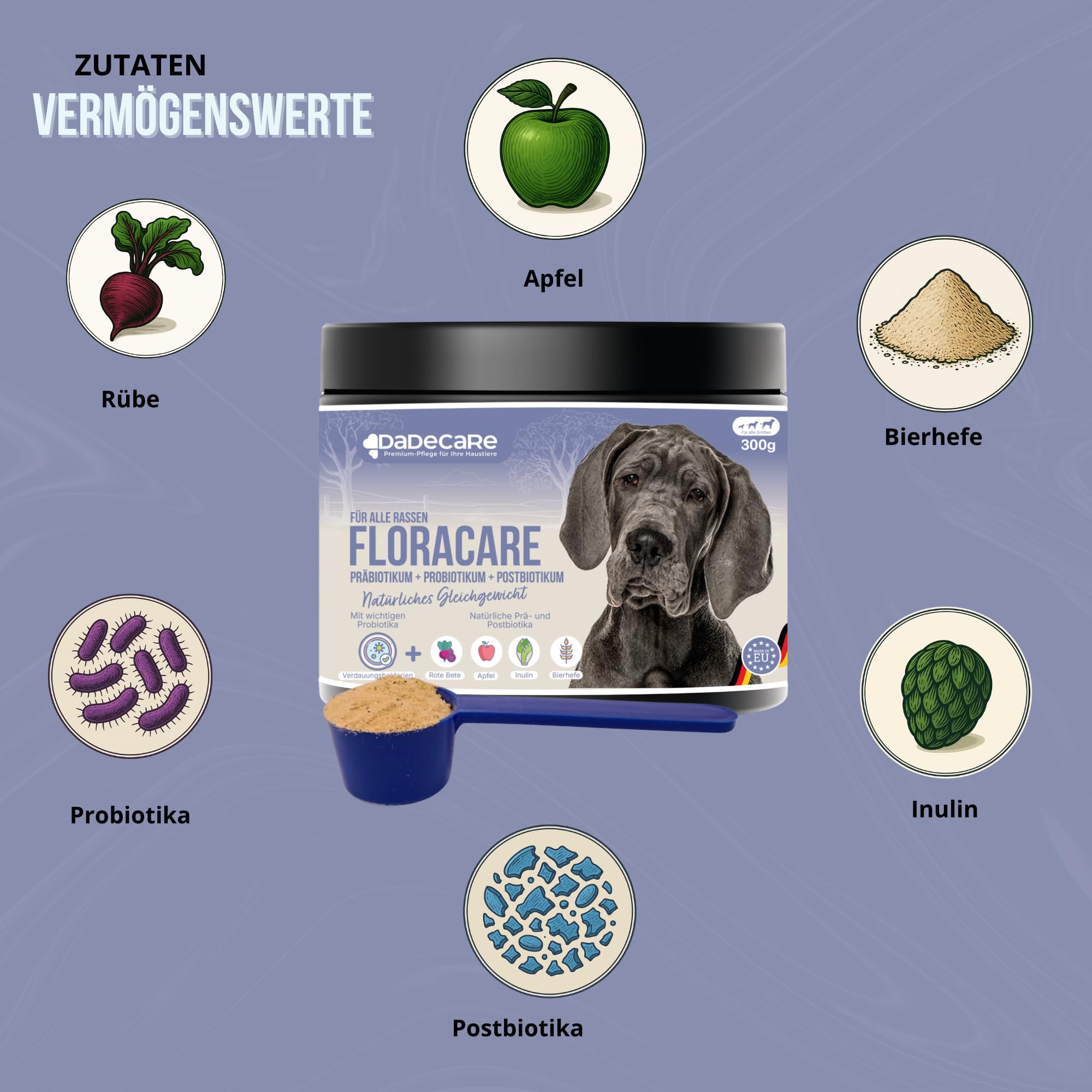 Floracare Probiotika für Hunde, Pulver, 300 g, repariert Darmflora und verbessert die Verdauung, reduziert Durchfall und Stress, ideal nach Behandlungen oder Futterwechsel mit Präbiotika und