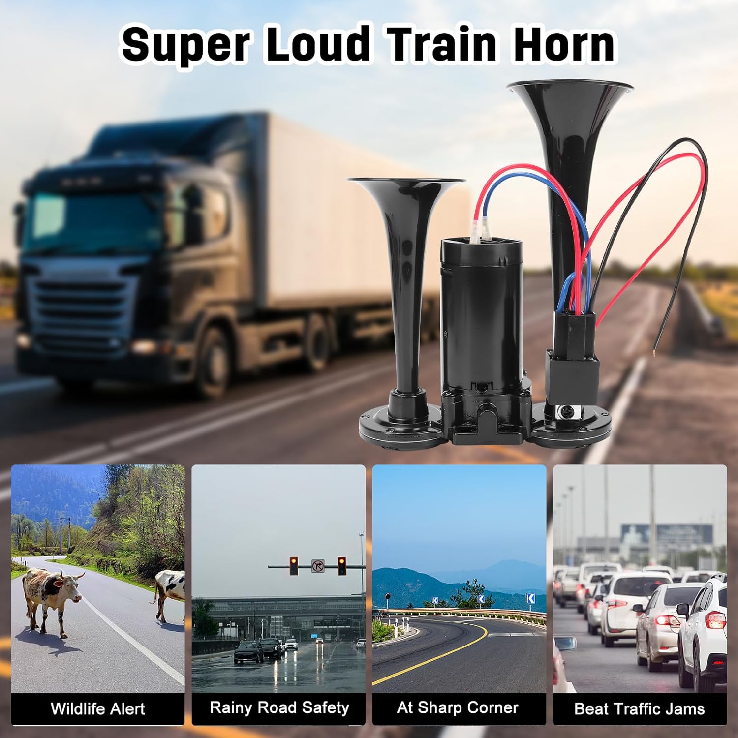 Air Horn for Truck, Car Air Horns, 150DB Super Loud Dual Electric Train Horns Kit with Compressor for Any 12V Vehicles Trucks Motorcycle Pickup Trains Cars Boats (Black)