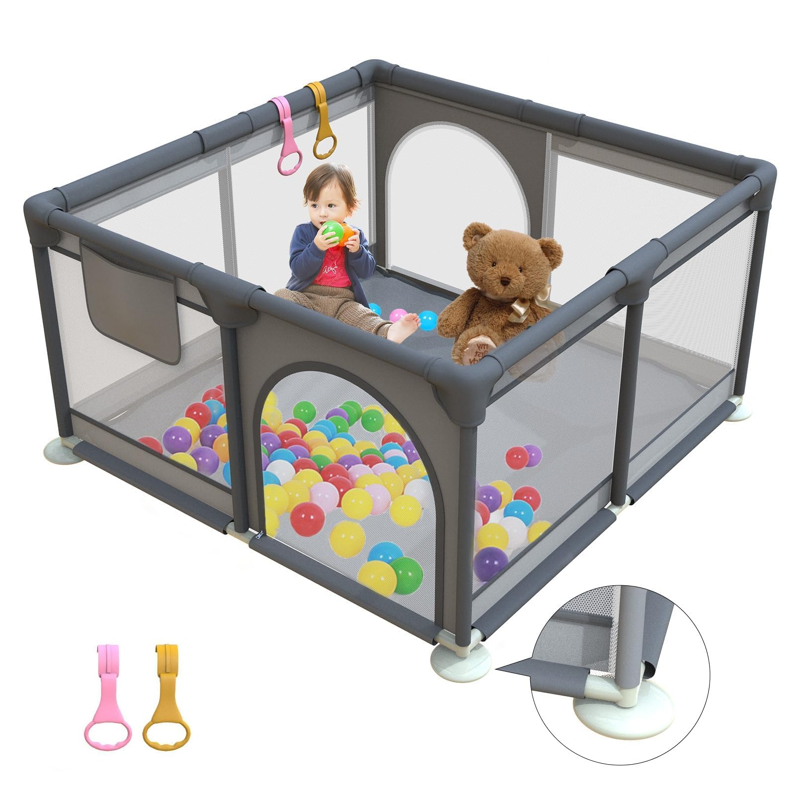 Laufstall Baby 120x120cm, Laufgitter Baby mit 2 Zugringen, Kinder Laufgitter mit Atmungsaktivem Netz und Reißverschluss für Kleinkinder, Dunkelgrau