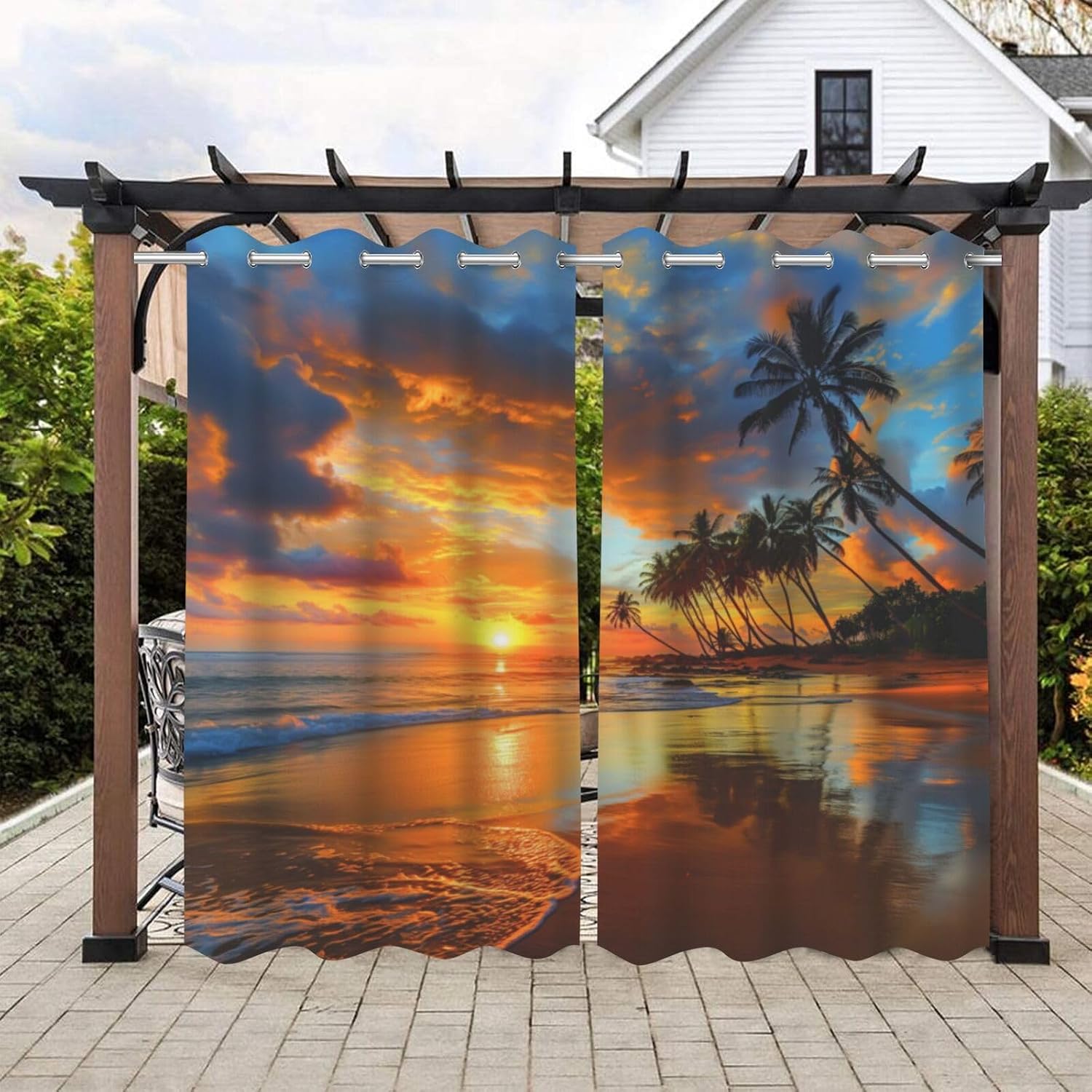 Tropical Landscape At Sunset theme Outdoor Curtains for Patio Waterproof,Beach Palm Trees pattern,Privacy Curtains for Porch Pergola Arbor Lanai Pool House Outside Deck,2 Panels,W54 x L108,Gold Orange