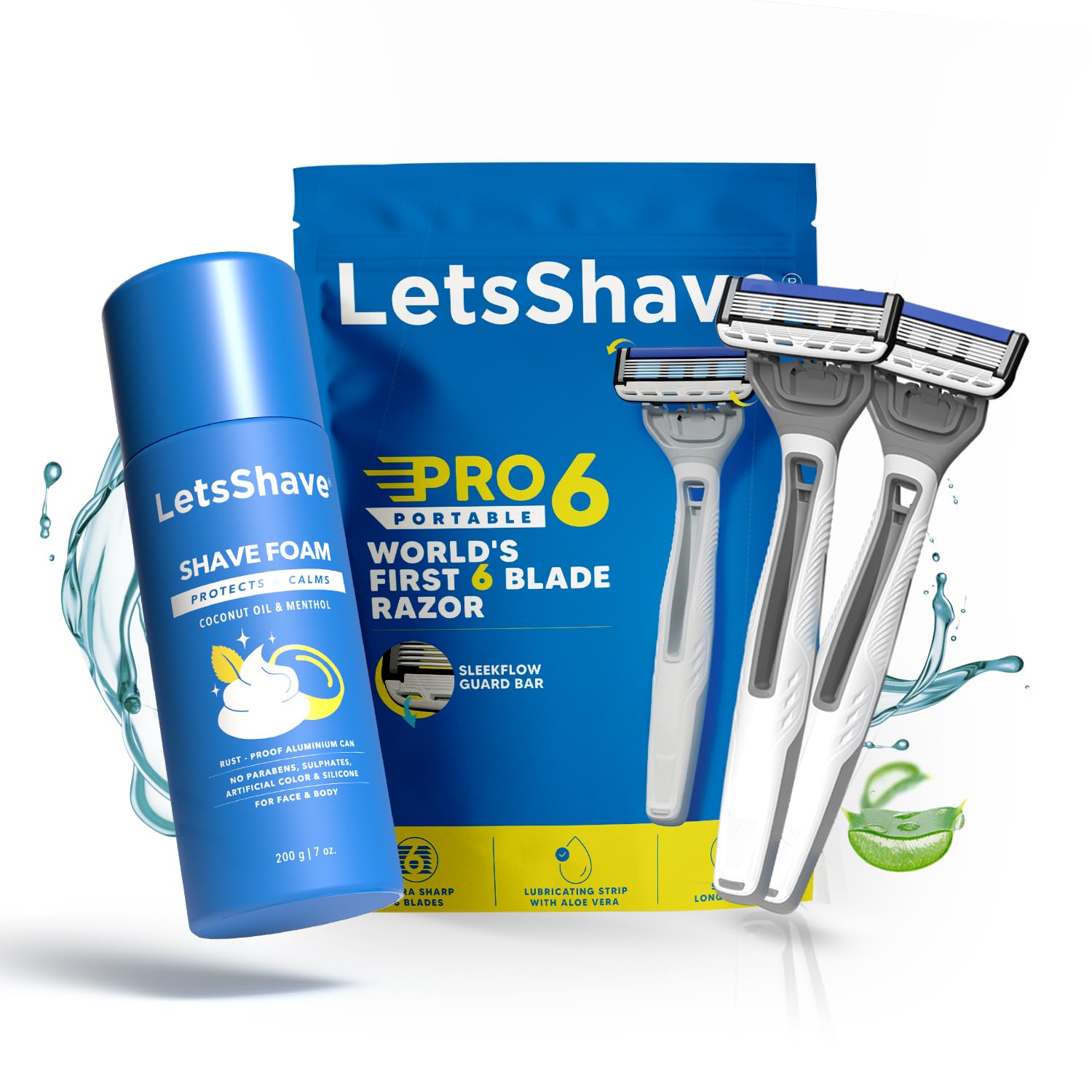 LetsShave Pro 6 Portable Shaving Trial Kit for Men, 2 Razors+Shaving Foam (200g), World's first 6 Blade Disposable Razor, Value kit, Shaving Set for Men