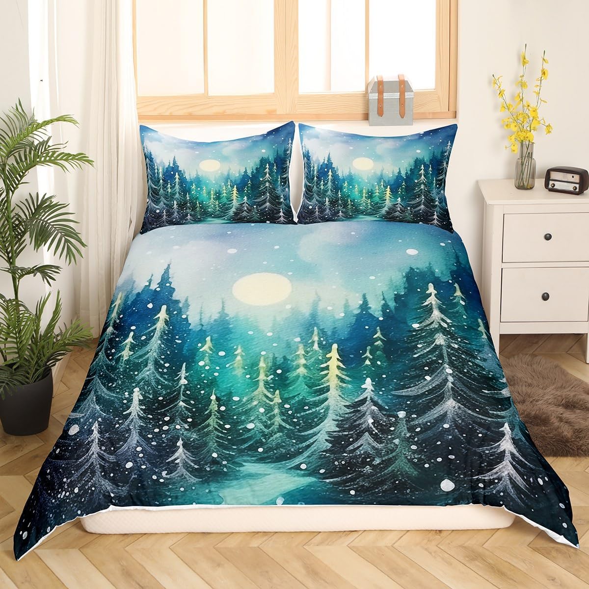 Pine Trees Christmas Duvet Cover Set Queen Size, Moonight Starry Sky Bedding Set for Boys Girls,Pines Botanical Leaves Natural Comforter Cover,Cyan Rustic Farmhouse Quilt Cover,2 Pillowcases,No Filler