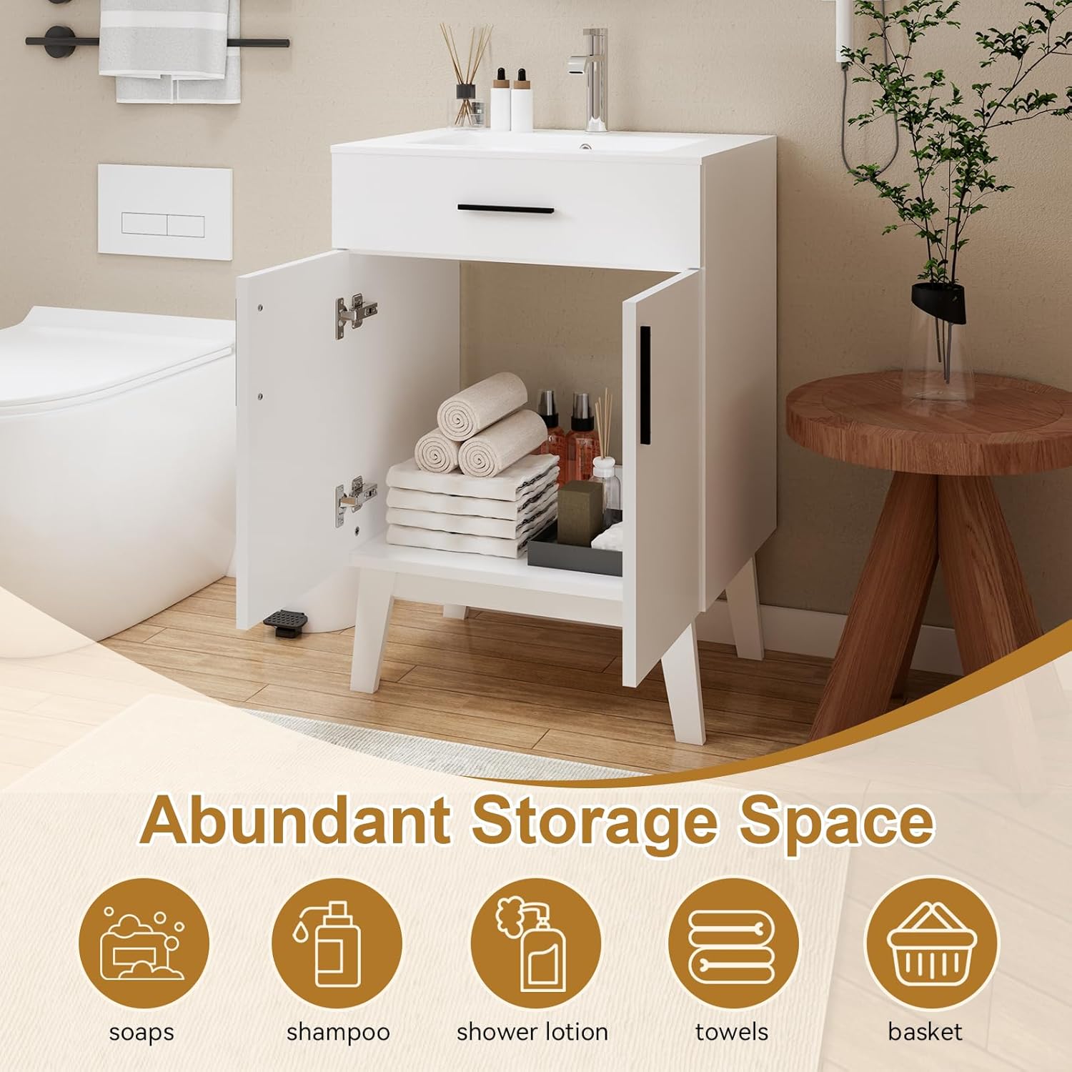 24" Bathroom Vanity with Sink, Vanity Combo with Two Soft Close Cabinet Doors, Modern Single Bathroom Cabinet Set with Metal Handles (White with Sink, 24)