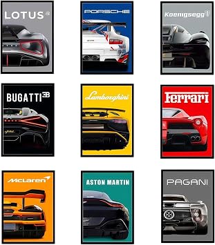 VOYANTE Pack of 9 Car Posters Supercar Poster Super Sports Car Wall Art for Boys and Men Bedroom Racing Car Wall Art for Office Living Room Gift for Car Lovers Teenagers 40 x 30 cm