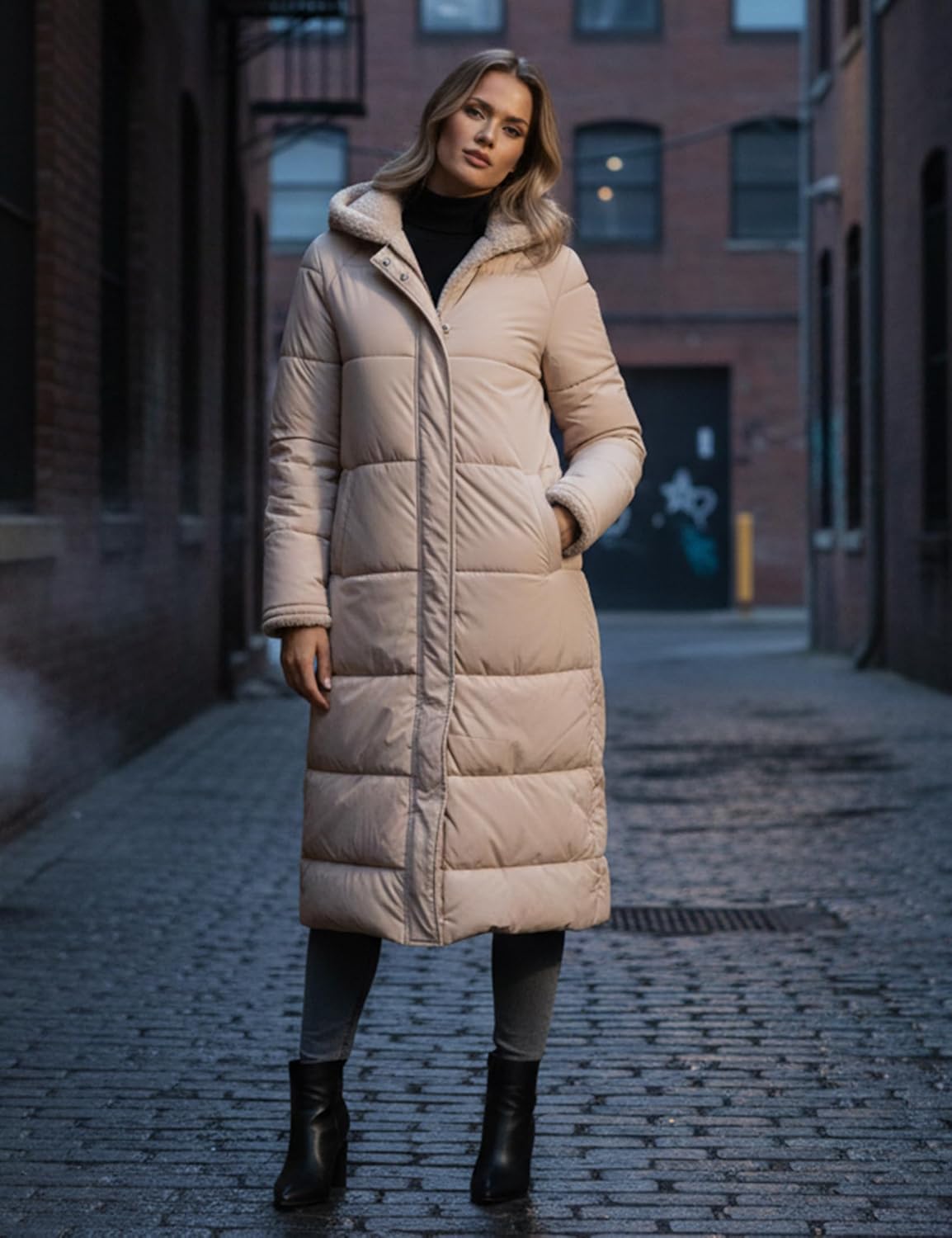 Womens Reversible Long Puffer Coat Sherpa Lined Hooded Winter Jacket - Image 6