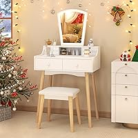 Vista 13 de CHARMAID Escritorio pequeño con espejo, escritorio de maquillaje blanco con 3 cajones, alturas ajustables, tocador compacto para dormitorio