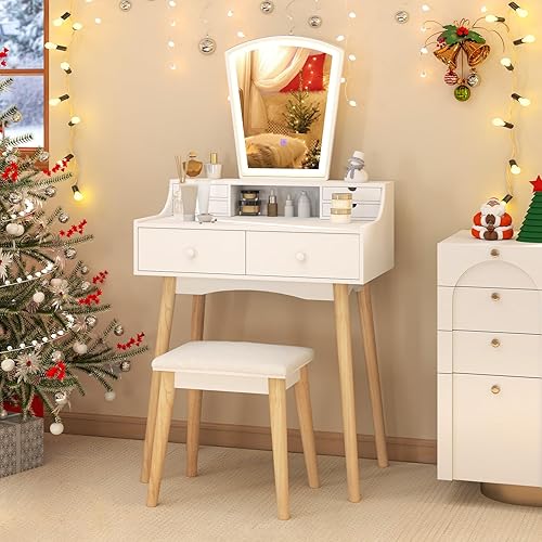 Miniatura 13 de CHARMAID Escritorio pequeño con espejo, escritorio de maquillaje blanco con 3 cajones, alturas ajustables, tocador compacto para dormitorio con