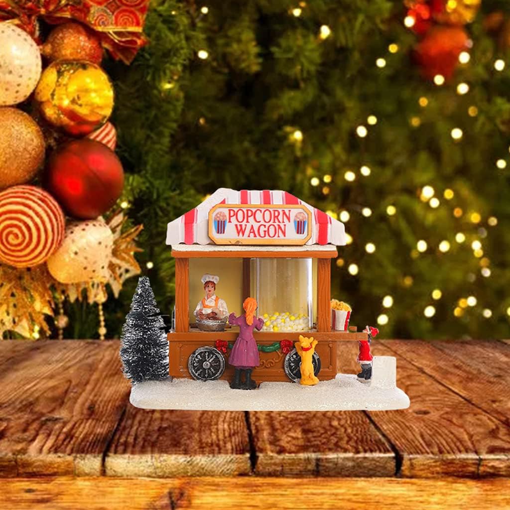 Christmas LED Lighted House Resin Popcorn Wagon Musical Animated Village Decor