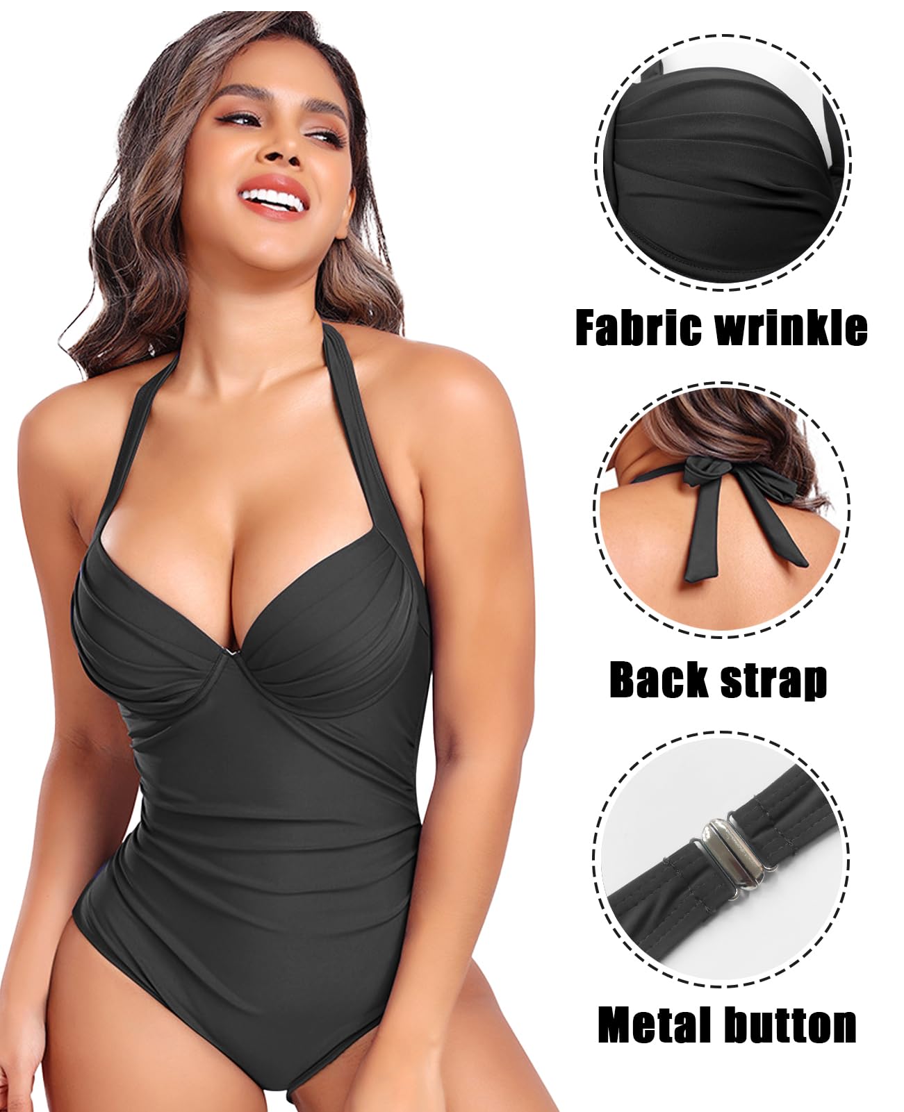 Rayson Costume da Bagno Donna Intero Costumi Curvy Modellante Push Up Scollo a V Costume Mare Sexy Reggiseno con Ruche Beachwear con Cinghia da Collo