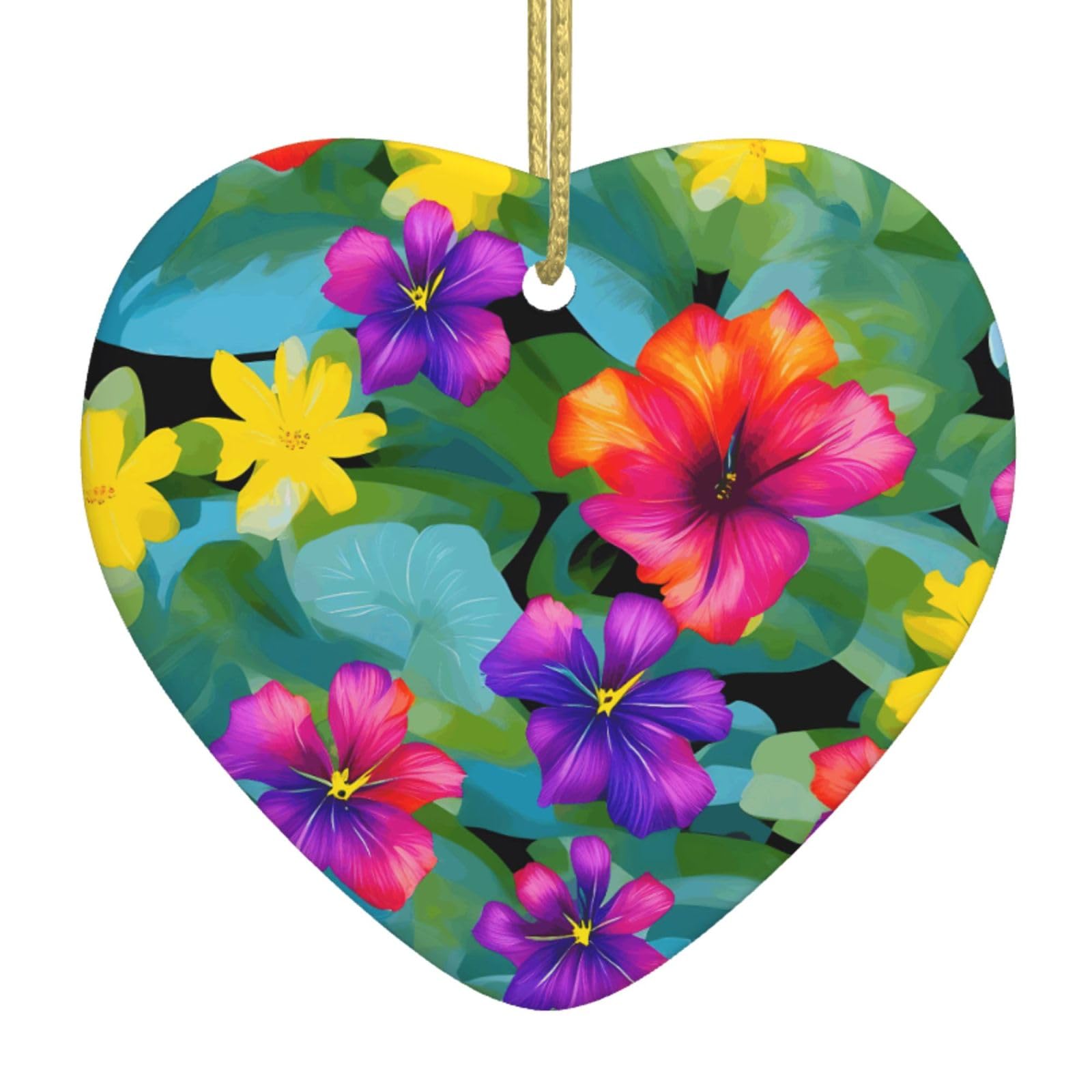 Nbtghga White Hawaiian Colorful Flower Print Christmas Ornaments, Ceramic Hanging Ornament, Xmas Tree Decoration, Holiday Home Decor