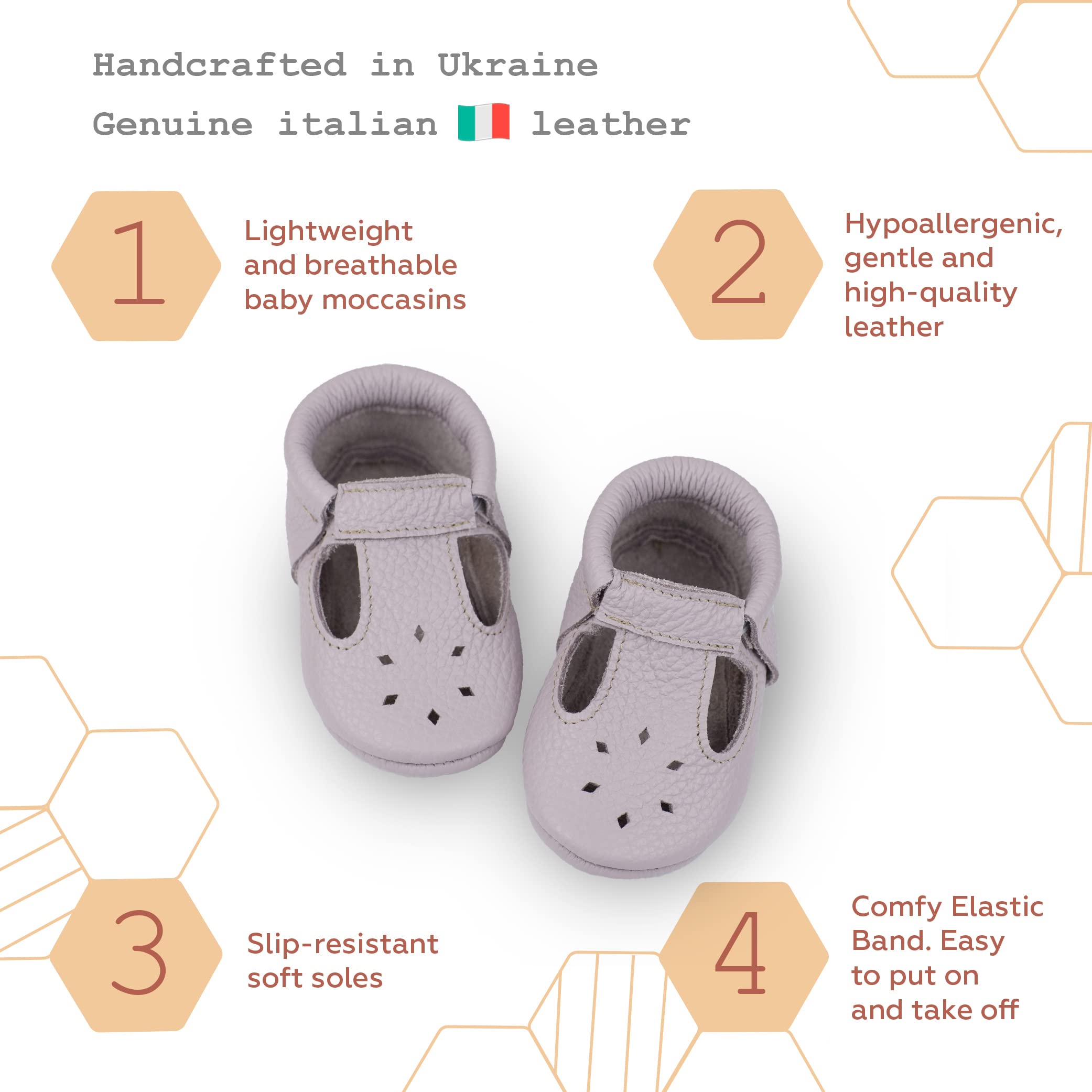 Littlebeemocs Soft Sole Infant, Baby and Toddler Shoes – Elastic T-Strap Italian Leather Baby Moccasin Shoes for Boys and Girls; Crib Shoes to Baby Walking Shoes Handcrafted in Europe, Lavender, 5 US