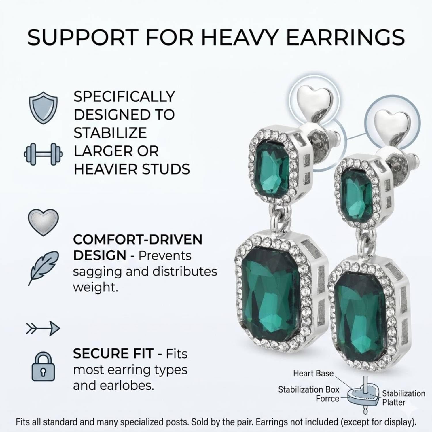 Earring Lifter Backs, EBFDOH Earring Backs for Droopy Ears 4PCS Tight Locking Heart-Shape Backings for Heavy Earrings Studs Large Pierced Support Backers Replacements for Sagging Earlobe,White Gold