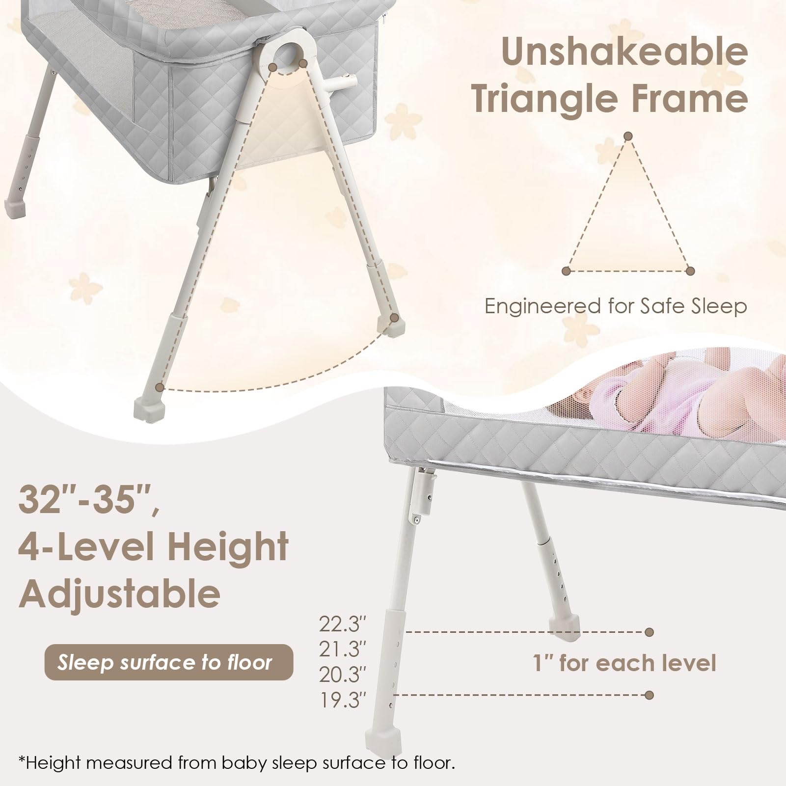 Beistellbett Baby, 3-in-1 Beistellbett, Babybett für Neugeborene mit atmungsaktivem Netz, höhenverstellbar & neigbar, inkl. Matratze, für Zuhause & unterwegs, Hellgrau | 4 Auto-Lock Räder