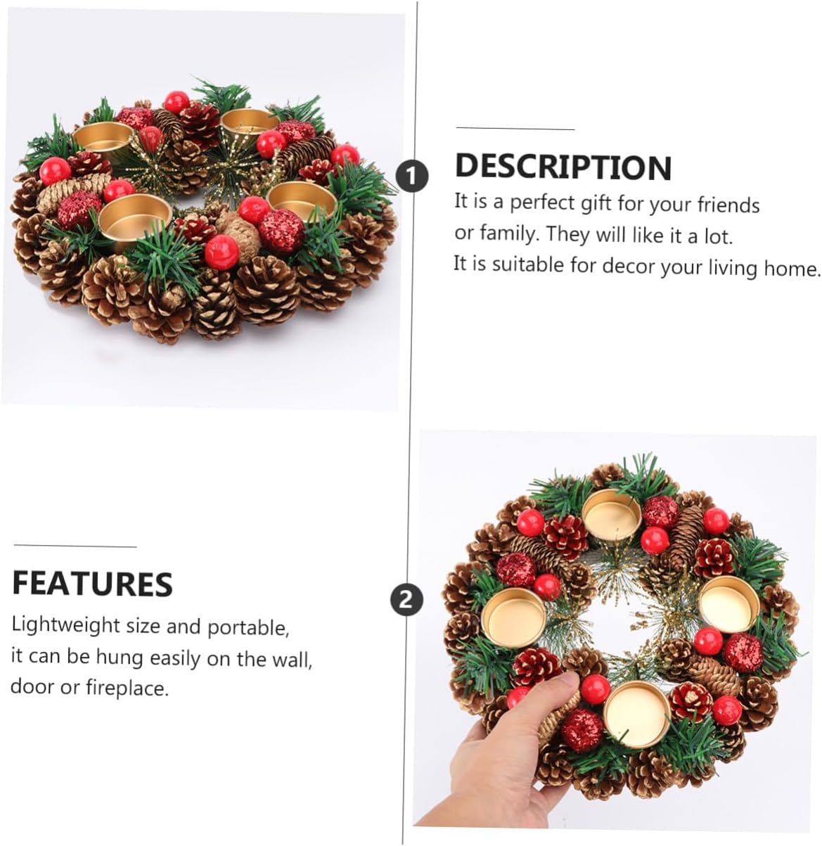 Handmade Christmas Candleholder Wreath 27cm, Stylish Home Candleholder Decor, Holiday Table Decoration for Seasonal Home Use