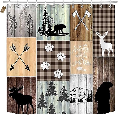 Miniatura 5 de Juego de 4 cortinas de ducha de oso negro, ciervo, alce, vida silvestre, bosque, caza, cabaña, granja, granja, cabaña, decoración de baño, cortina