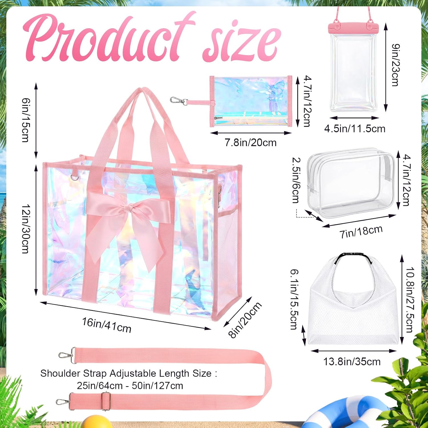 Hsei 4 Pcs Large Iridescent Beach Bag with Bow Waterproof Tote with Makeup Phone Pouch Swimsuit Bag for Women Travel Pool Gym