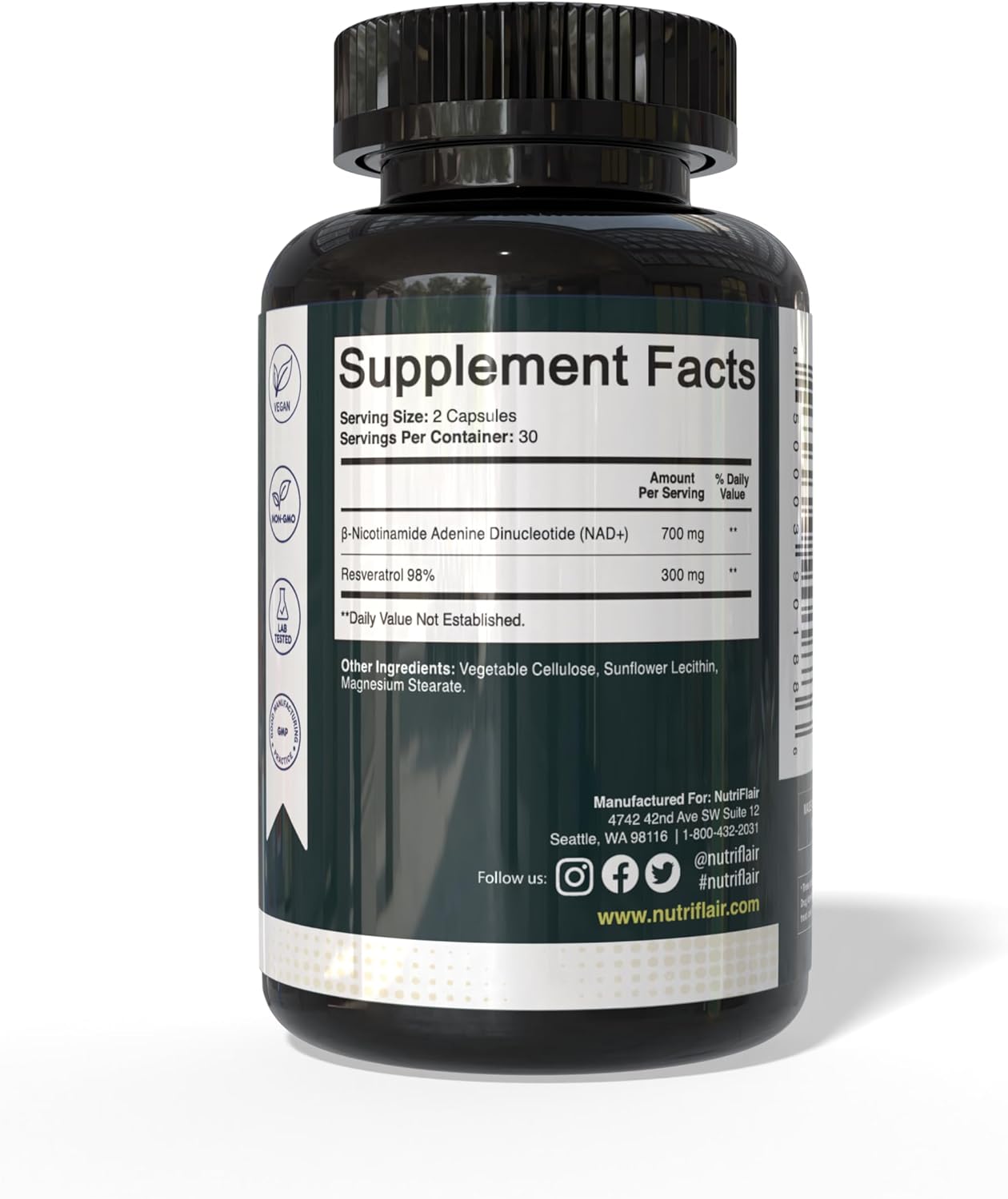 NutriFlair Liposomal NAD+ Supplement with Resveratrol 1000mg per Serving, 60 Capsules – High Absorption, Non-GMO, Made in USA - Image 2