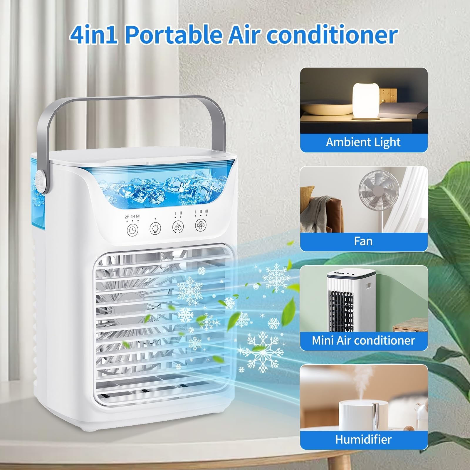 Mini klimatyzator, chłodnica powietrza, przenośne klimatyzatory, mobilny klimatyzator 4 w 1, 3 prędkości wiatru i światło LED 7 kolorów, zbiornik na wodę 700 ml, timer 2-6 godzin
