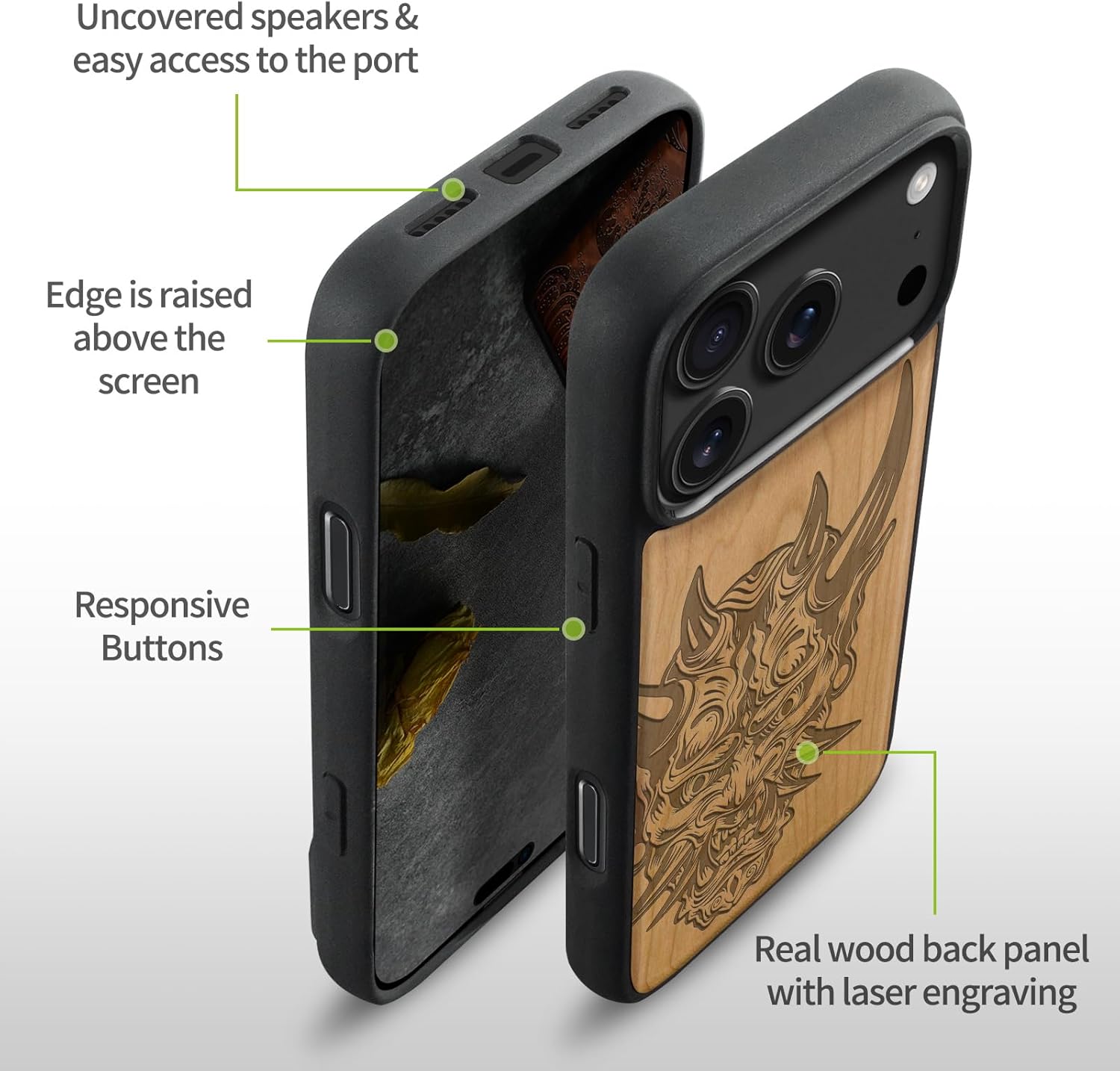 Carveit Magnetic Wooden Case for iPhone 17 Pro Max Case, Wood Artisan Engraved & Black Soft TPU Shockproof Cover, Compatible with MagSafe Wireless Chargers (Japanese Oni Mask) Cherry
