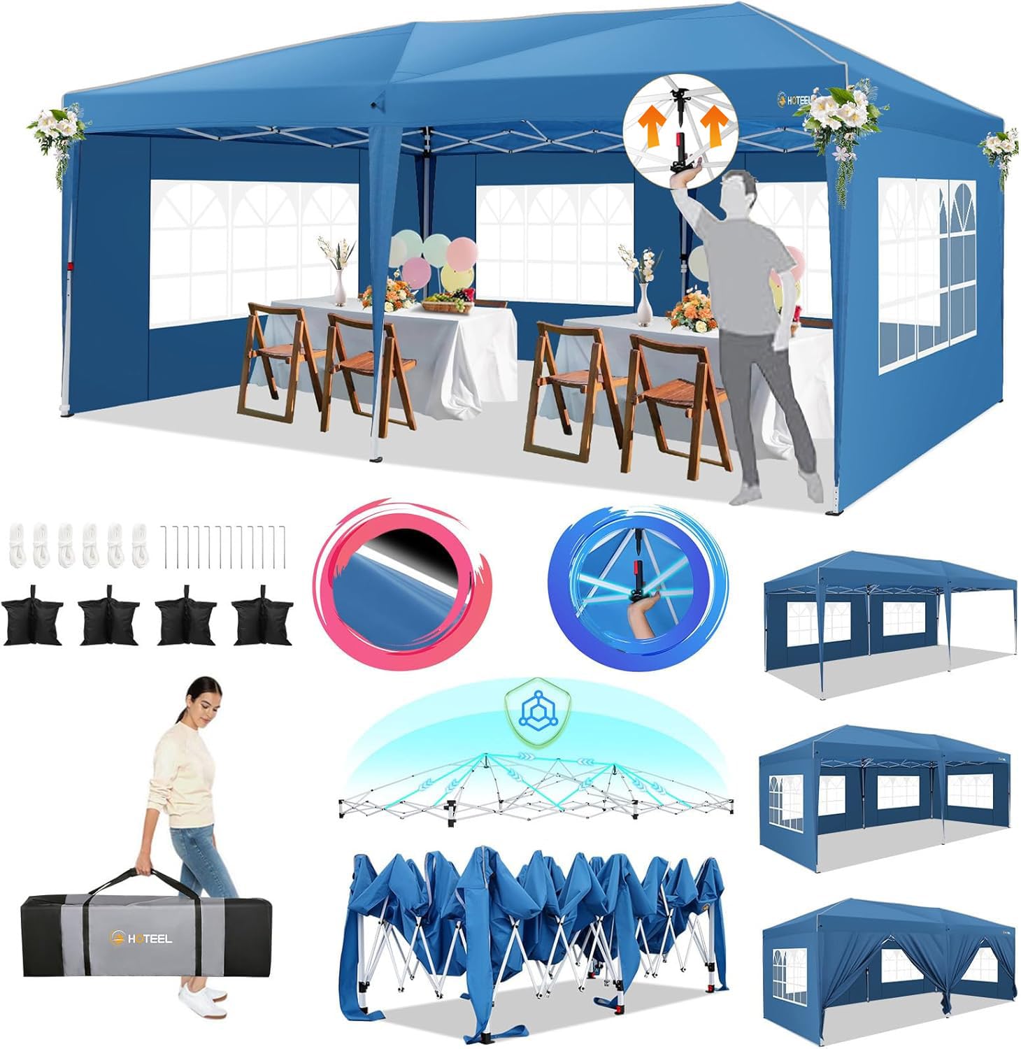 HOTEEL 10x20 Pop Up Canopy Tent Canopy with 6 Sidewalls, Waterproof Outdoor Party Tent Pop Up with Carry Bag, Easy Up Event Tent for Parties, Backyard, Wedding, UV52+