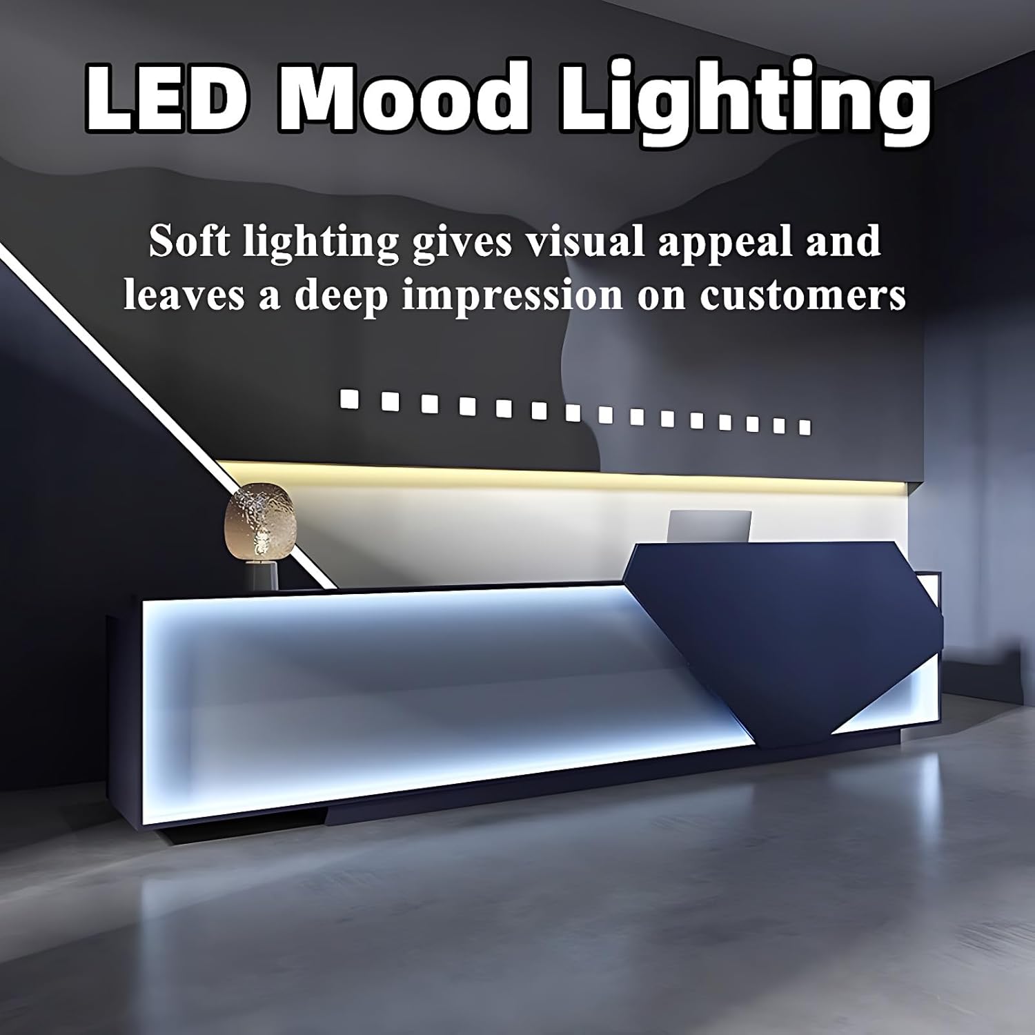 Reception Desk - Modern Front Desk with Hidden LED Light Strip, Spacious Storage, Solid Wood Construction, Checkout & Retail Counter for Office, Lobby, Waiting Areas (Blue, 92")