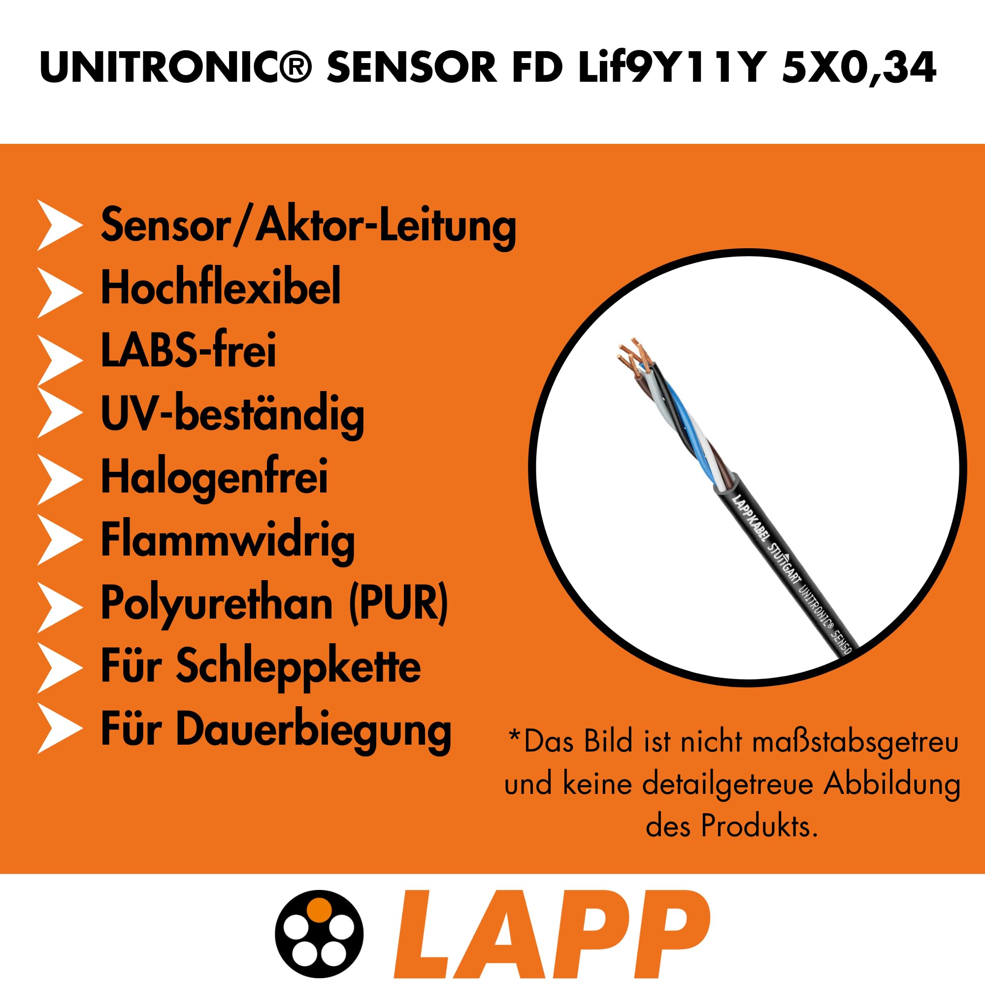 Lapp 7038893 Unitronic - Cable sensor (10 m, FD Lif9Y11Y, 5 x 0,34 mm², cable de transmisión de cadena de arrastre muy flexible, cable de datos resistente a los rayos UV para cadena de remolque, cable