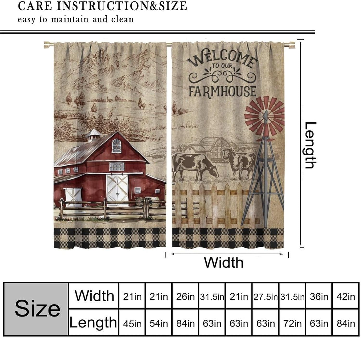 Farmhouse Kitchen Curtain，Rustic Cabin Lodge Cow Log Farm Fresh Country Retro Wood Texture Animals for Bedroom Cafe Dining Room Office Living Room Kitchen Set 2 Panels,42x45 Inches