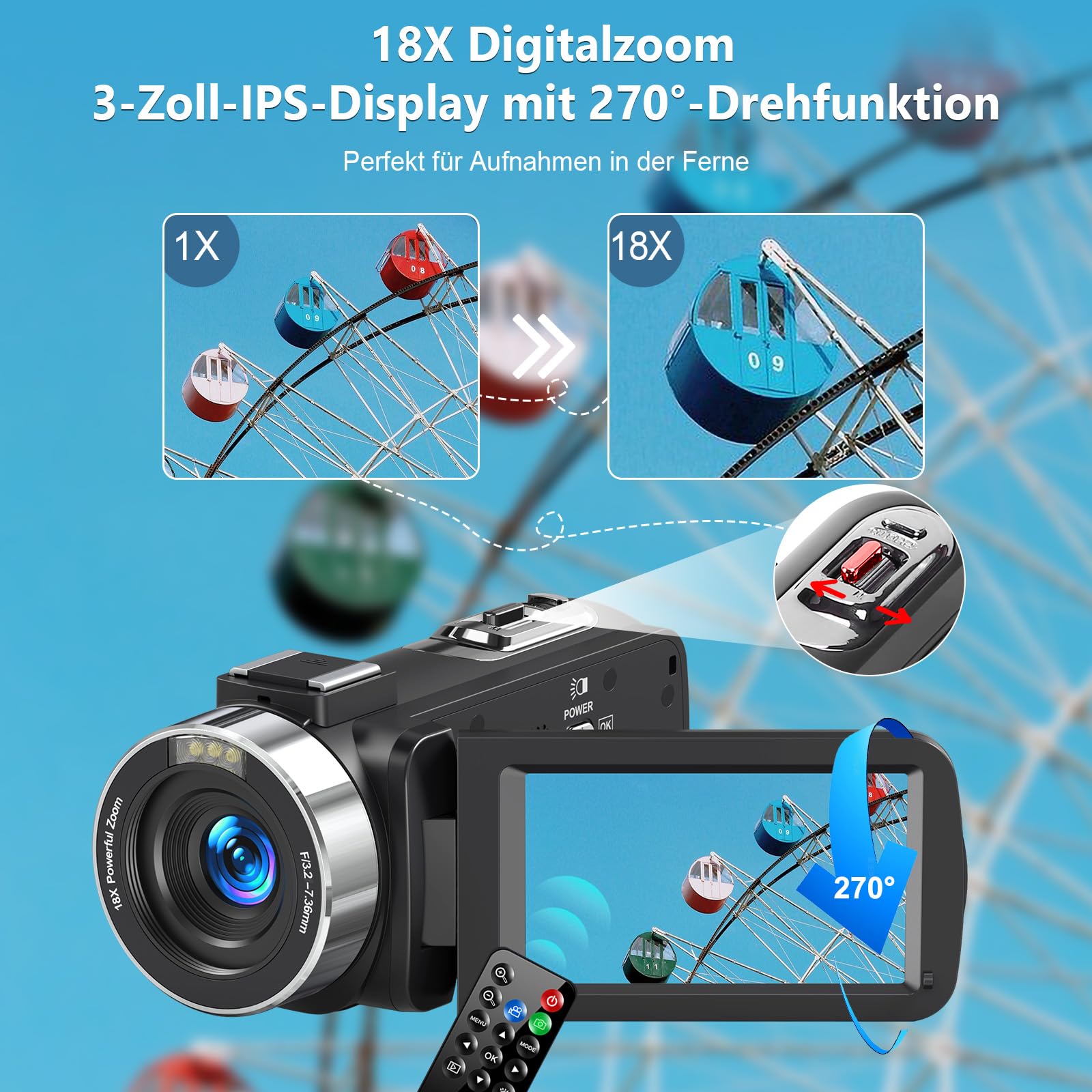 Videokamera 4K 80MP Camcorder für YouTube,30FPS Webcam IR Nachtsicht Vlogging Kamera,18X Digitalzoom 3,0 270°IPS Bildschirm Video Camera mit SD Karte, 2 Akkus, Fernbedienung, und Handstabilisator