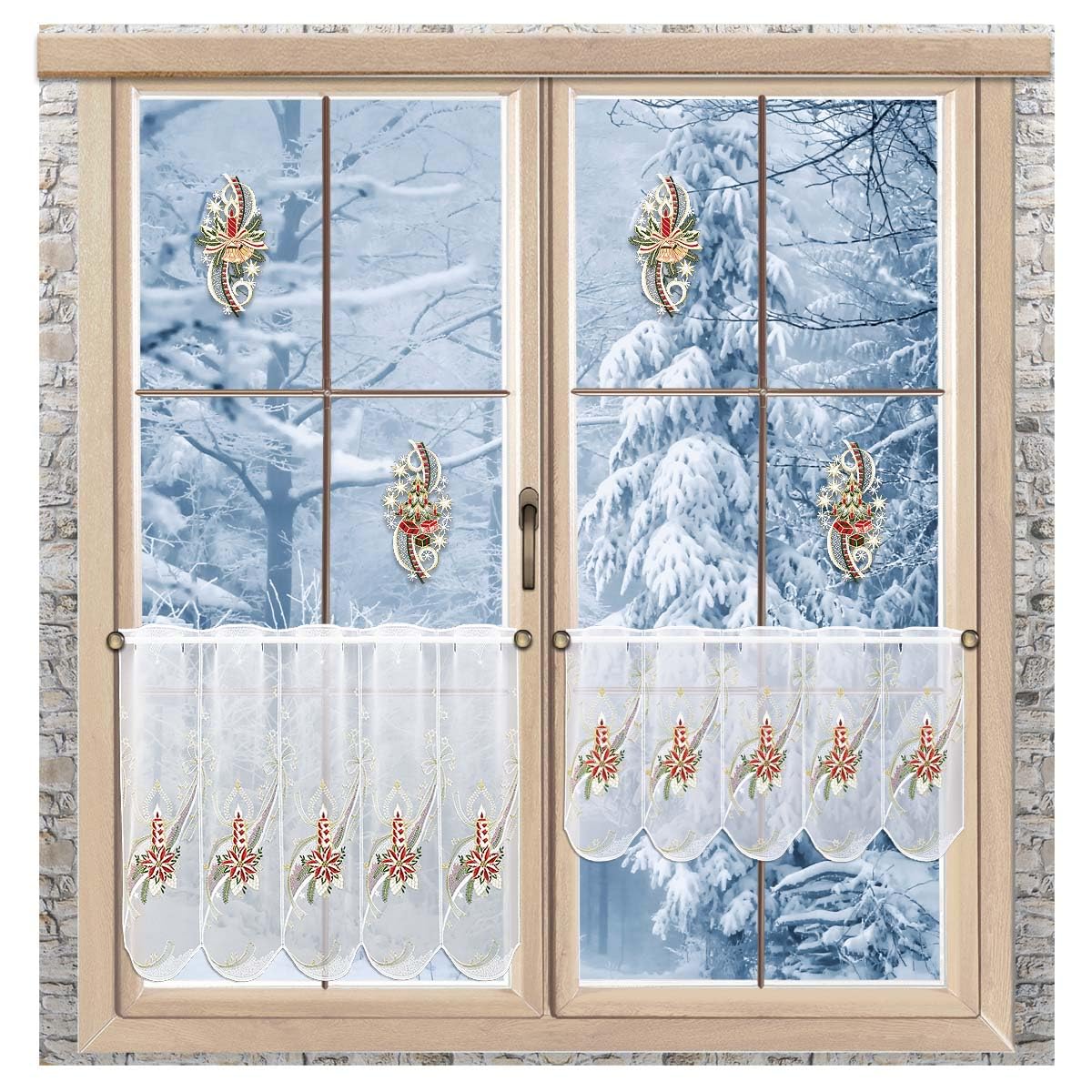 Scheibengardine Goldener Kerzenschein Vogtländische Spitze | Bestickte Winter-Kurzgardine mit Adventskerze | Klassische Bistrogardine mit rotem Weihnachtsstern | Scheibenhänger H x B 35 x 208 cm