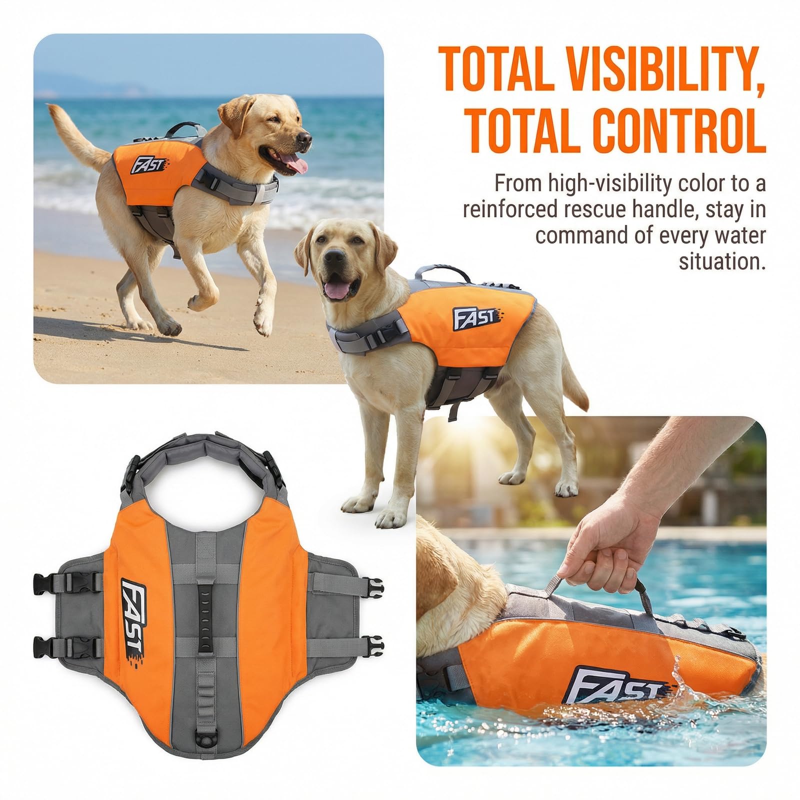 Chaleco Salvavidas para Perros - Chaleco Flotante Ajustable con Hebillas Seguras, Asa Resistente, Secado Rápido y Diseño Ligero para Natación y Actividades Acuáticas - Naranja (Large)