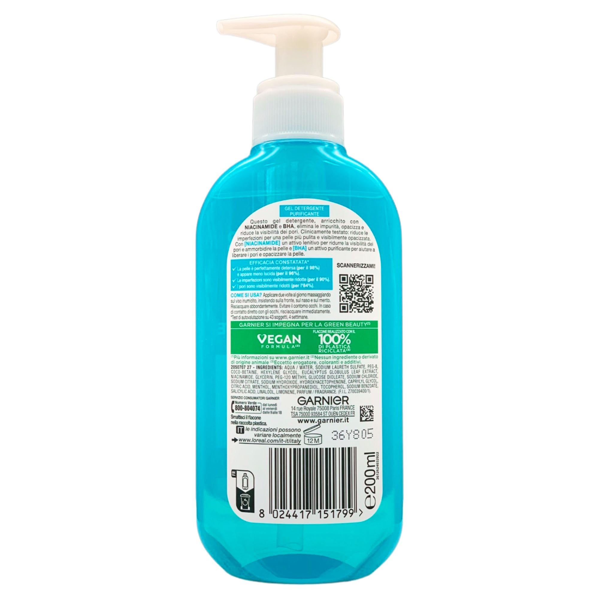 Gel Detergente Purificante, Anti-Lucidità & Anti-Macchie, Elimina Le Impurità e Restringe Visibilmente i Pori. Per Pelli Da Miste a Grasse. Con Niacinamide + BHA(Acido Salicilico) 200ml (6 Flaconi)
