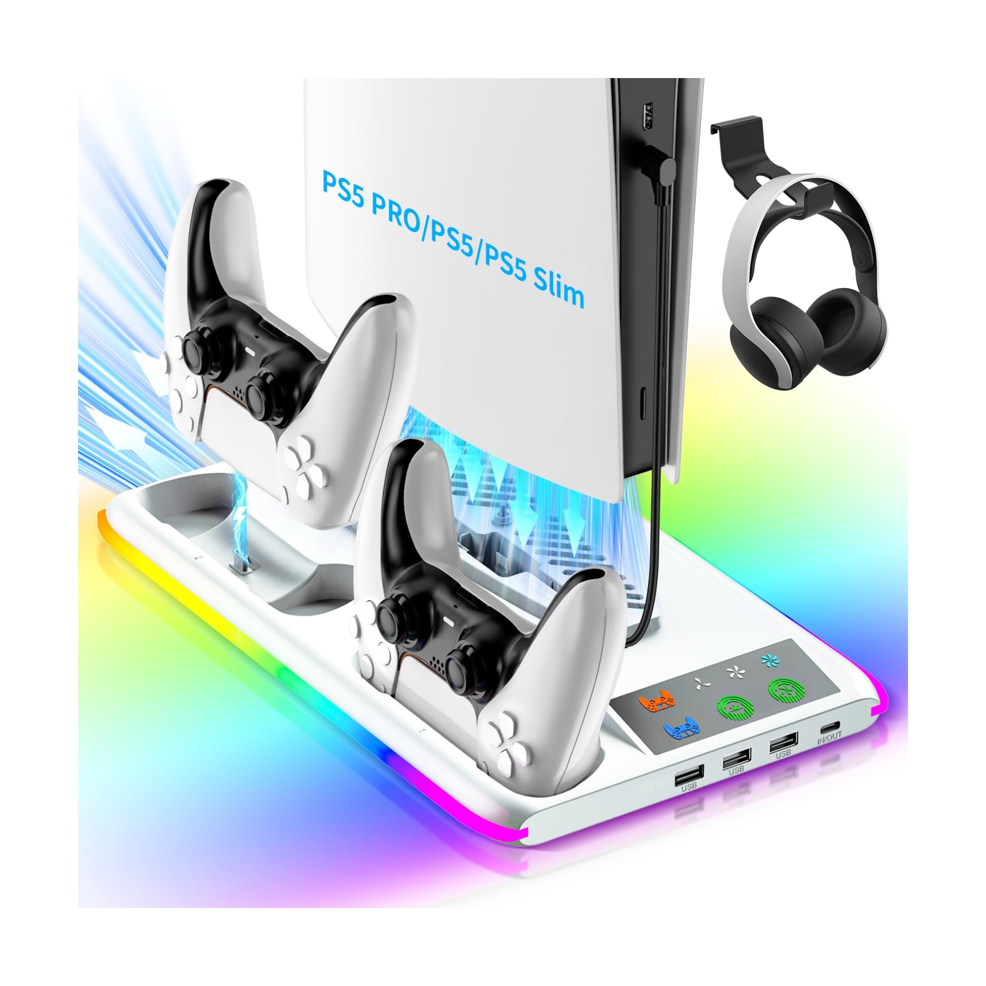 Support PS5 Standard/Slim/Pro, Support PS5 avec Ventilateur de Refroidissement à 3 Vitesses, Station de Refroidissement Vertical PS5 avec RGB, Support de PS5, Accessoires PS5/Slim/Pro