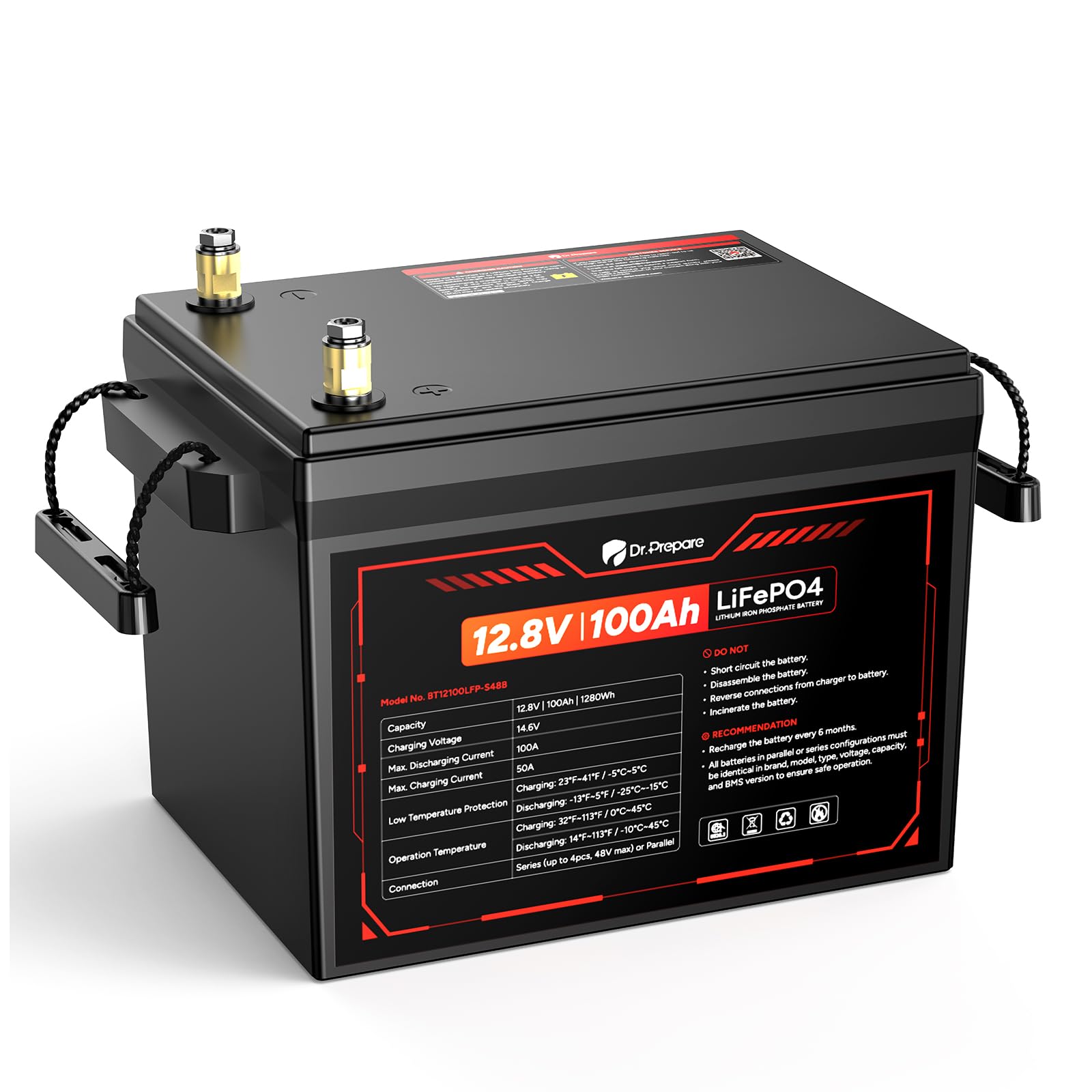 DR.PREPARE 12V 100Ah LiFePO4 Lithium Battery, 1280Wh Deep Cycle Lithium Iron Phosphate Battery with 100A BMS, Low & High Temp Protection, for RV, Marine, Solar Power, Off-Grid, Home Energy Storage