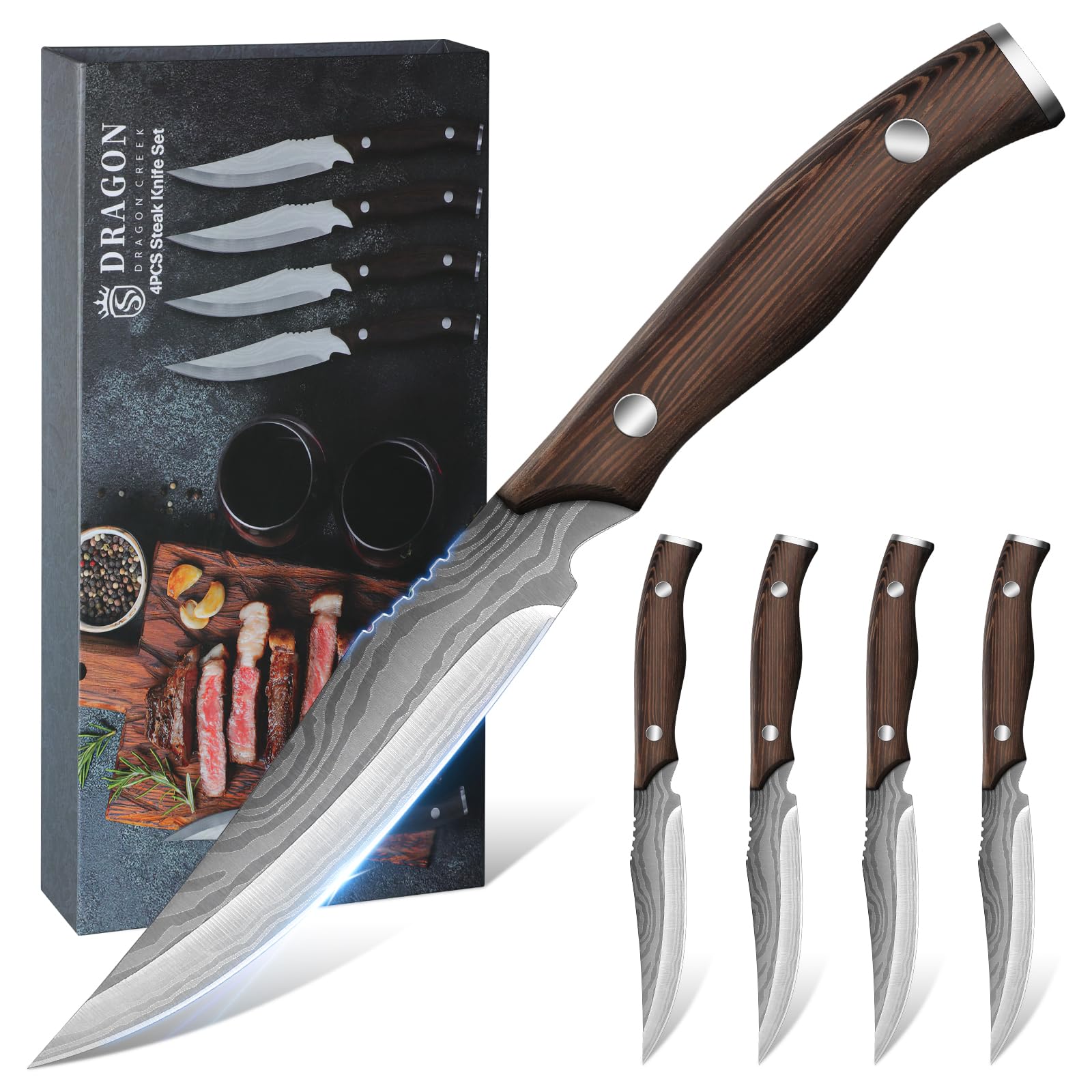 Dragon Creek Set 4 Coltelli da Bistecchi in Acciaio Inox - Manici in Legno, Lame Affilate per Carni, Ideali per Cucina Domestica e Professionale, con Elegante Scatola Presente