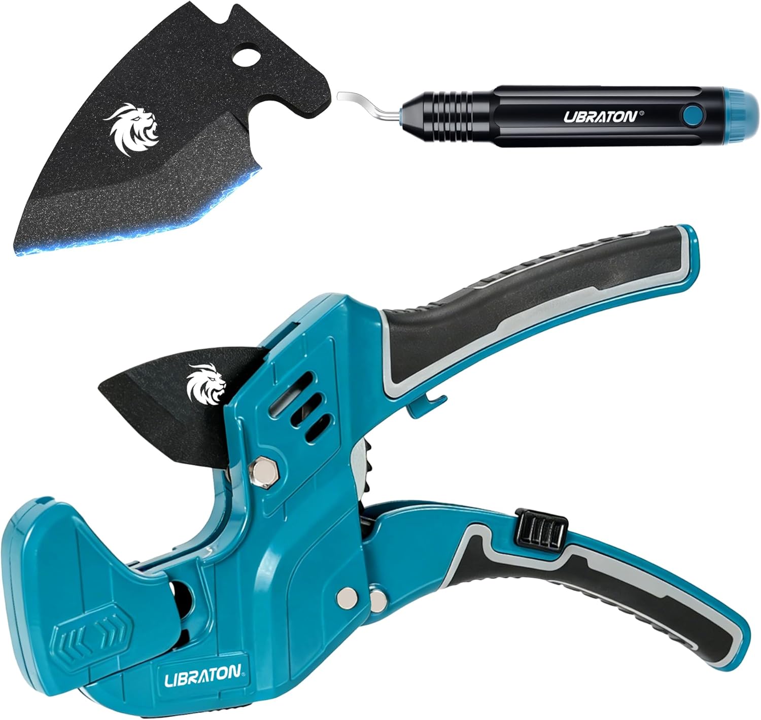 Libraton PVC Pipe Cutter, Up to 1-5/8", Ratchet Pipe Cutter Tool for PEX, PVC, PPR Plastic Hoses Plumbing, Heavy-Duty Pipe Cutter with Deburring Tool Replacement Blade, 2 Adjustable Cutting Ranges