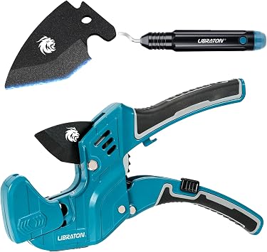 LIBRATON 1-5/8" Ratchet PVC Pipe Cutter, 2 Adjustable Ranges PVC Cutter | Heavy-Duty PVC Cutter Tool for PVC, PEX, PPR, Plastic Hoses and Plumbing Pipe with Replacement Blade & Deburring Tool