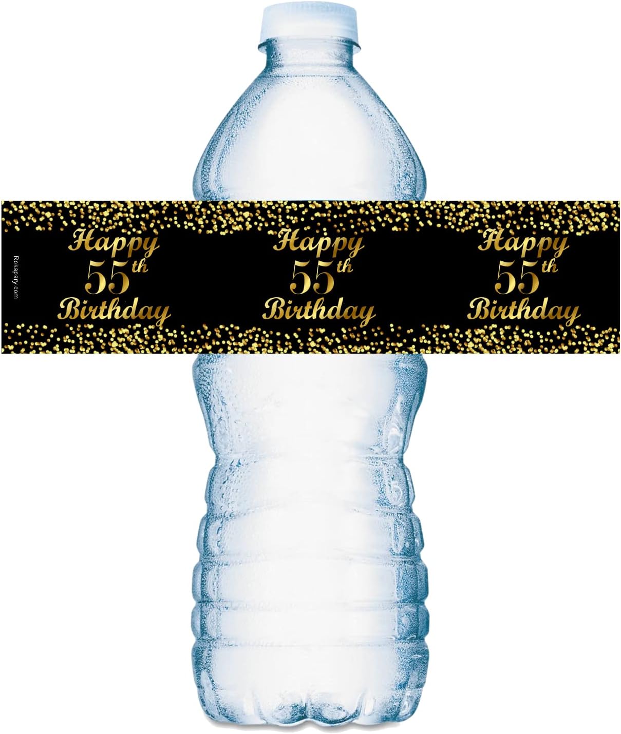 55th Birthday Black Water Bottle Labels; Set of 25 Waterproof Water Bottle Wrappers; Gold and Black Stickers. Happy Birthday Labels. Made in USA.