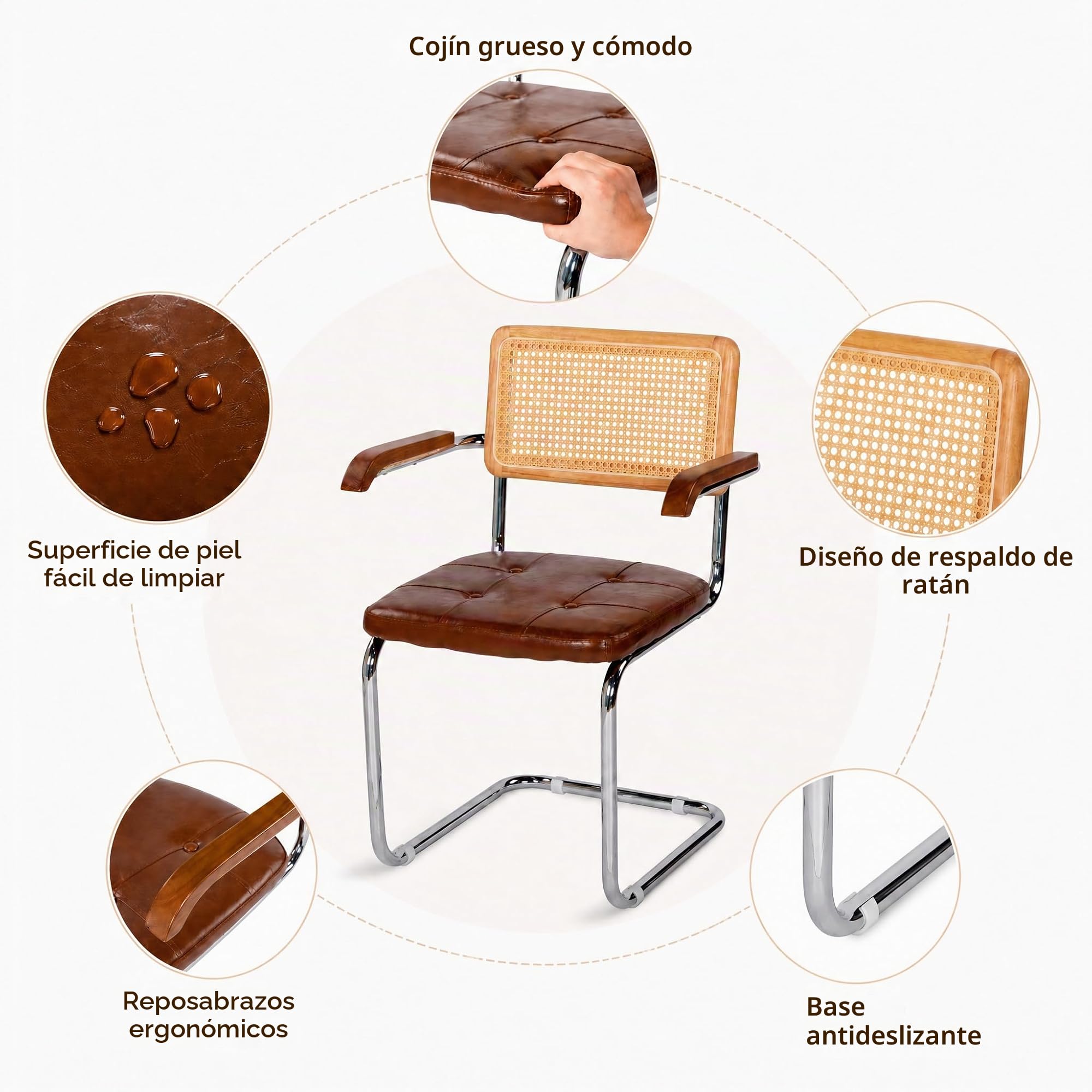 EGGREE Pack de 2 Sillas de Comedor de Ratán con Reposabrazos y Estructura de Hierro Galvanizado, Sillas Tapizadas en PU para Salas de Reuniones, Oficinas y Comedores, G02-Marrón