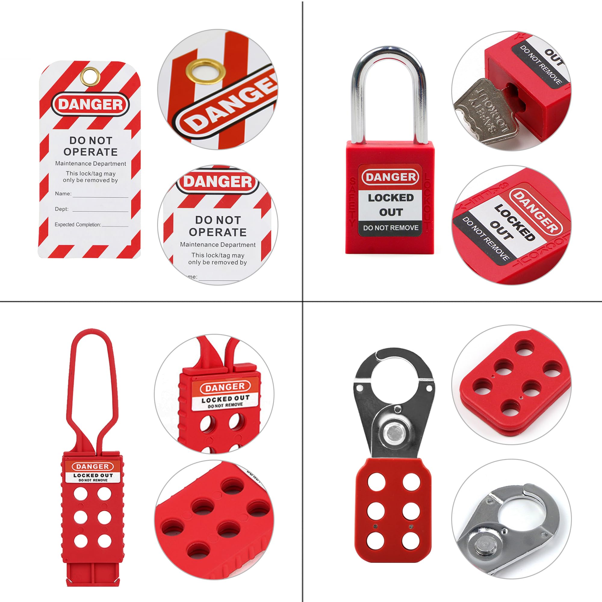 Kit de etiquetado de bloqueo eléctrico de seguridad para grupo Loto con 2 llaves diferentes, 8 etiquetas de etiquetado, 1 hebilla de nailon, 1 bolsa de bolsillo
