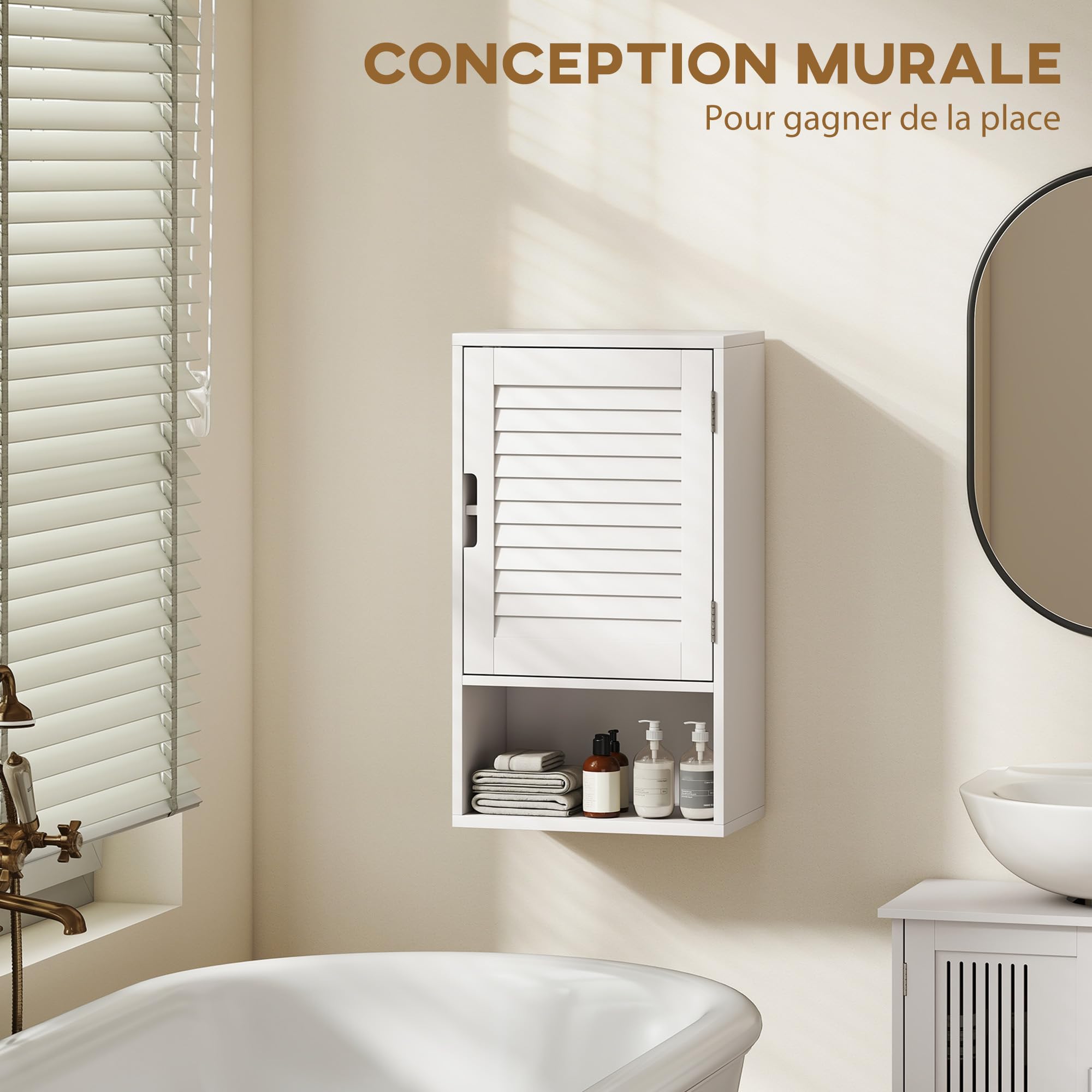 HOMCOM Armoire Murale de Salle de Bain, Meuble de Rangement Suspendu pour Salle de Bains avec Porte à Lattes, étagère réglable et Compartiment Ouvert, Meuble WC Suspendu, 40x20x60cm, Blanc