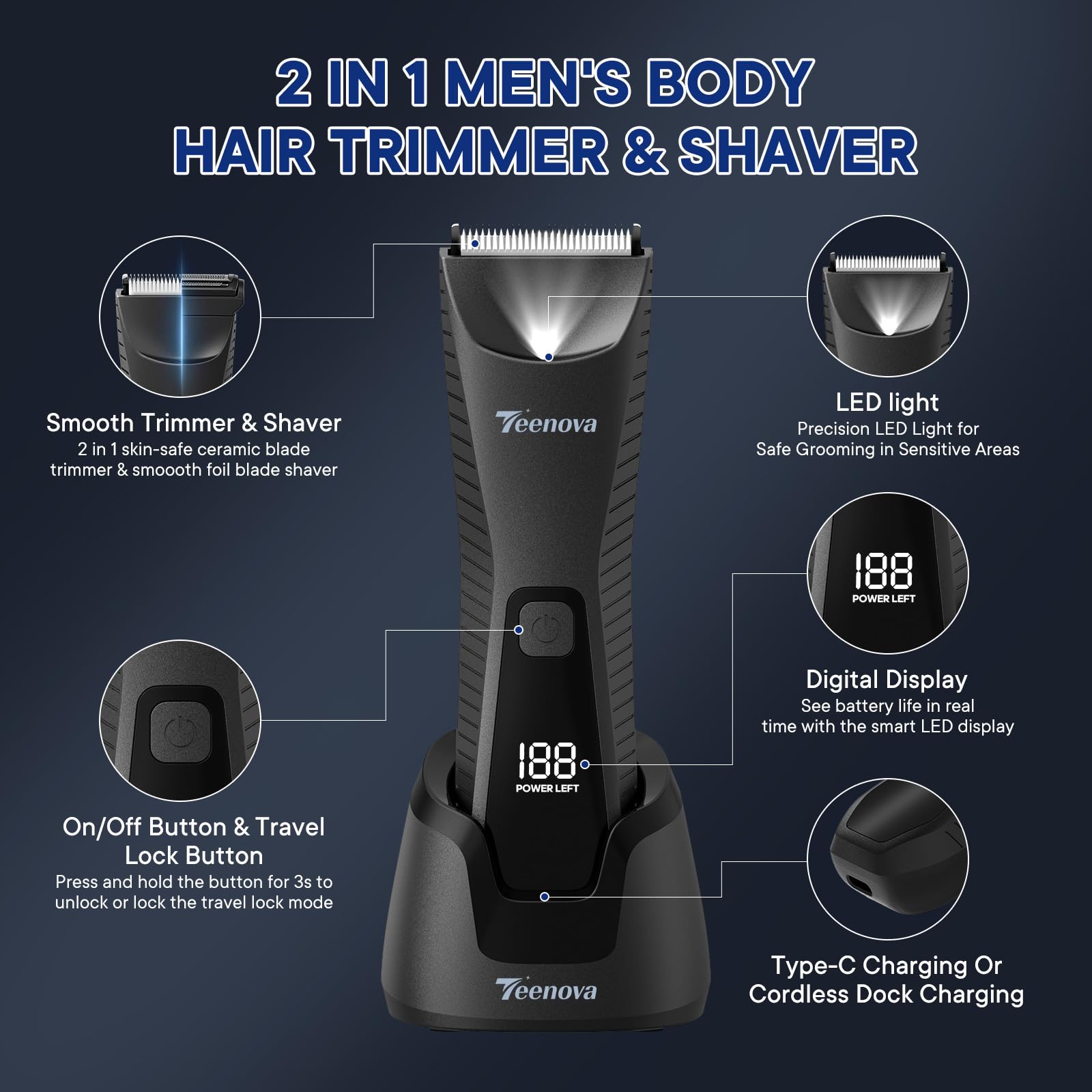 Tondeuse à poils pubiens et corporels pour homme, rasoir électrique 2 en 1 avec lame en céramique, tondeuse à chargement sans fil avec écran LED