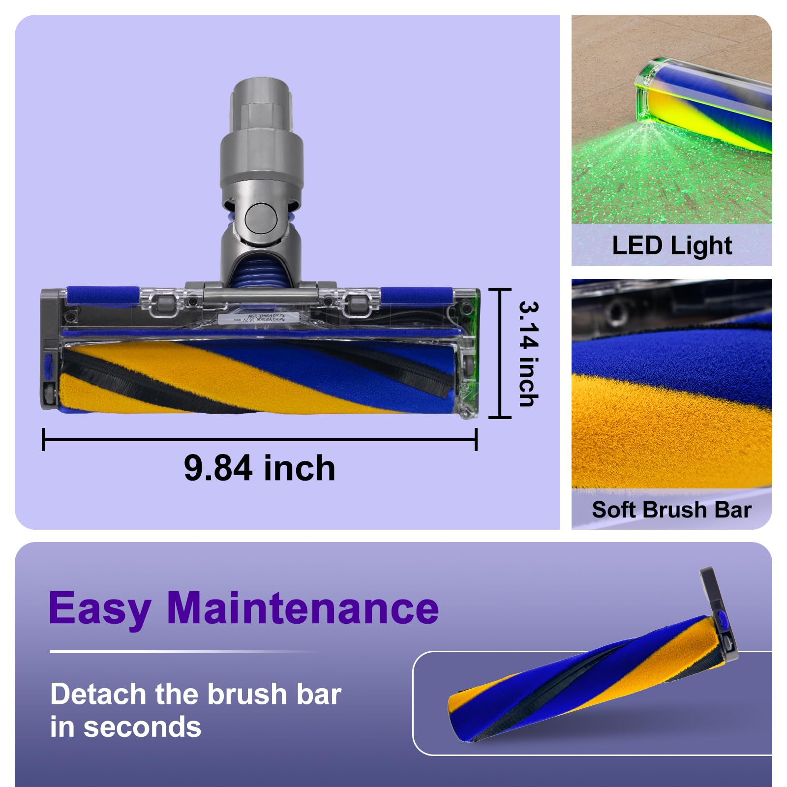 Cabezal de cepillo láser óptico compatible con aspiradoras inalámbricas Dyson V8 V10 Absolute V10 Animal V10 Total Clean +, V11 V15, cabezal de rodillo suave con luz LED verde de repuesto para suelo