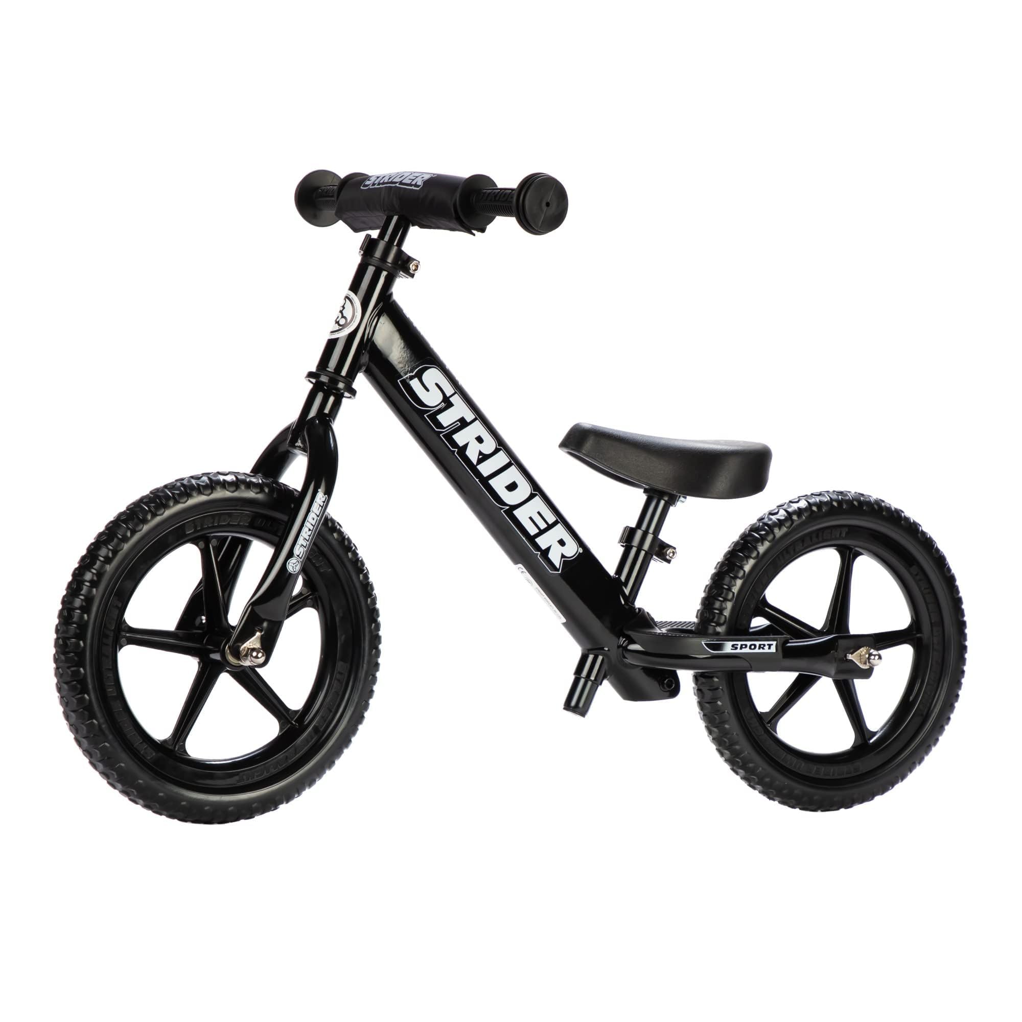 Strider 12” Sport Bike - No Pedal Balance Bicycle for Kids 1 to 4 Years - Includes Safety Pad, Padded Seat, Mini Grips & Flat-Free Tires - Tool-Free Assembly & Adjustments